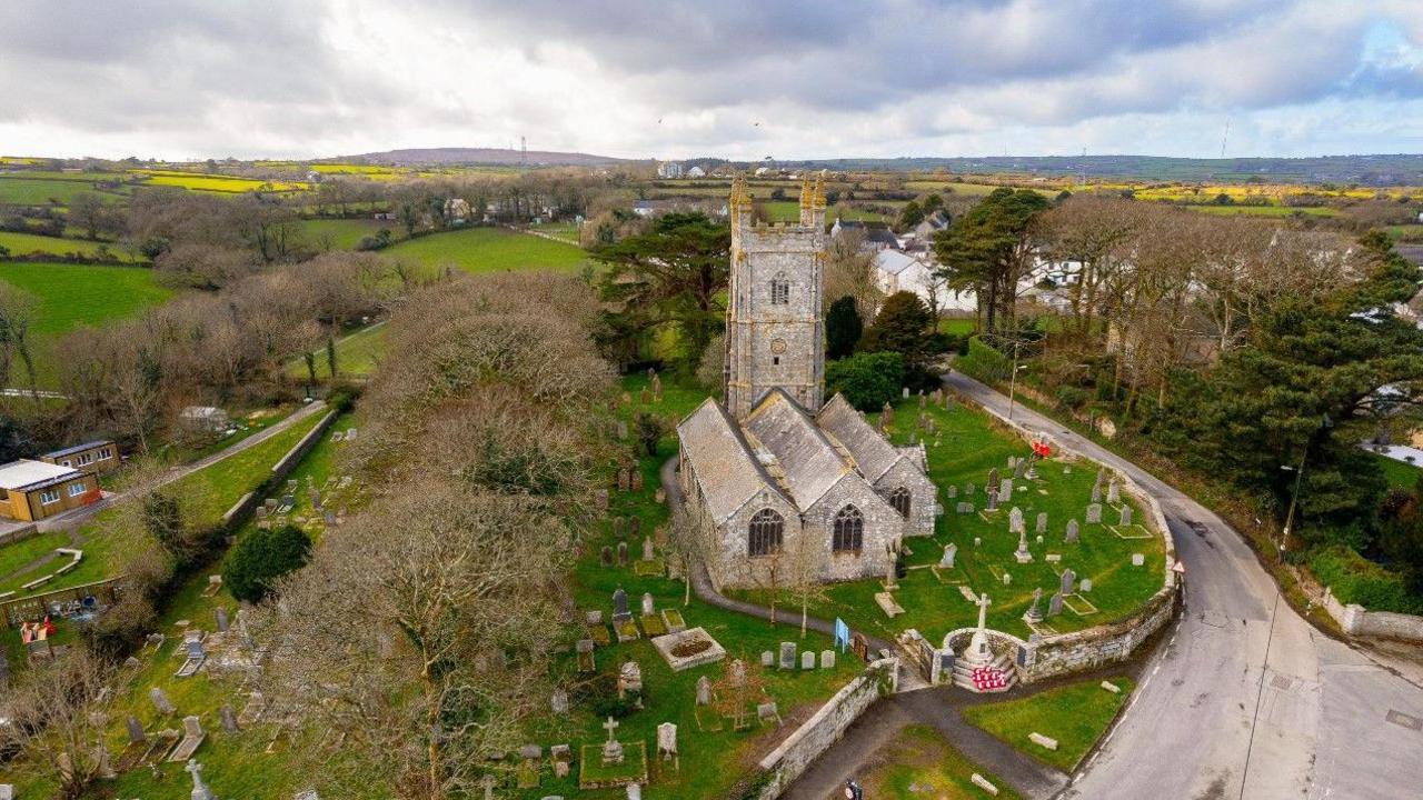 Drone photo of Stithians Church and surrounding area