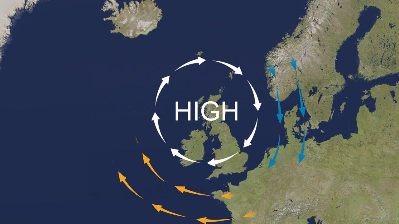 A high pressure symbol sits on top of the map of the UK