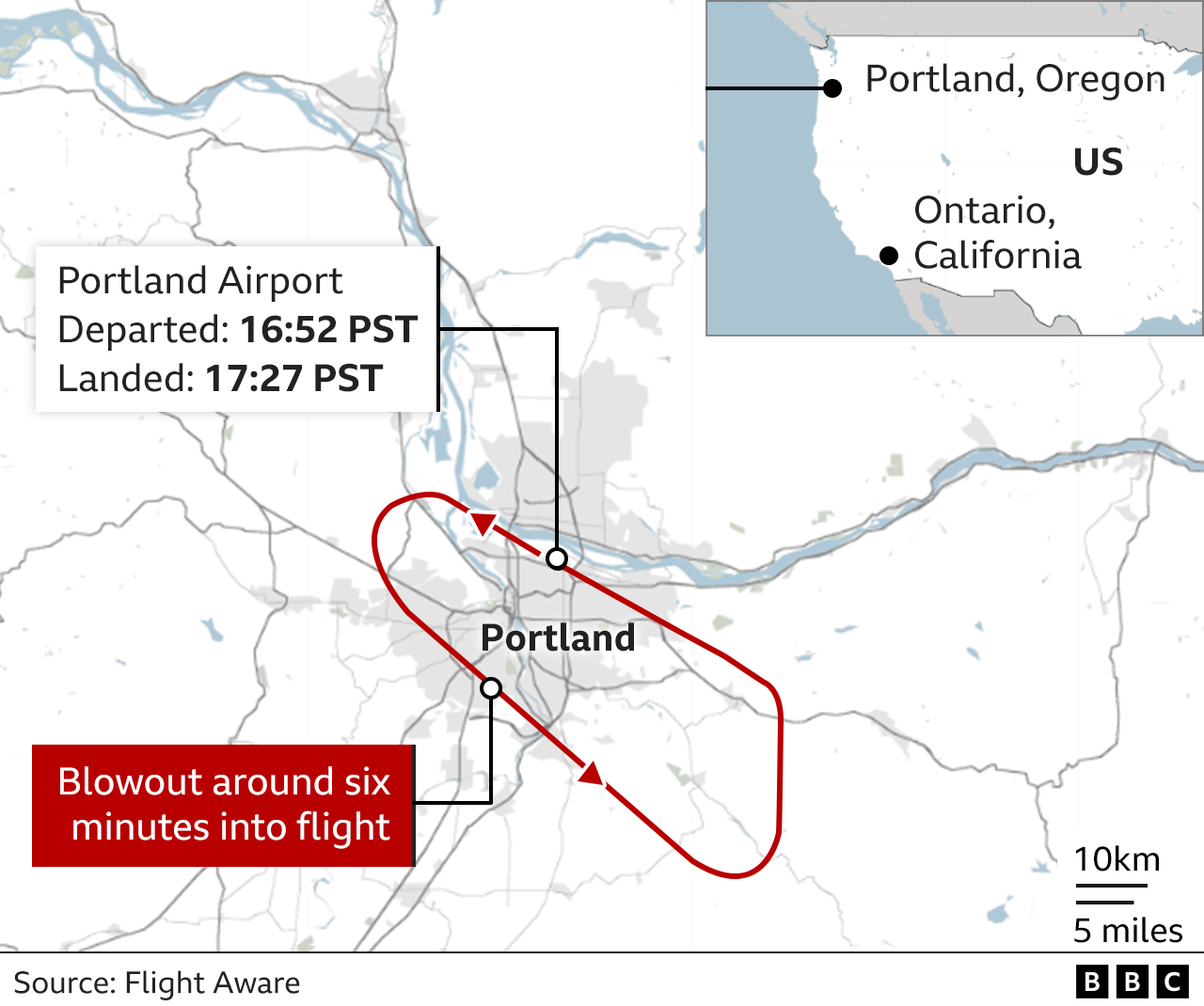 Map showing flight path taken by Alaska Airline Boeing 737