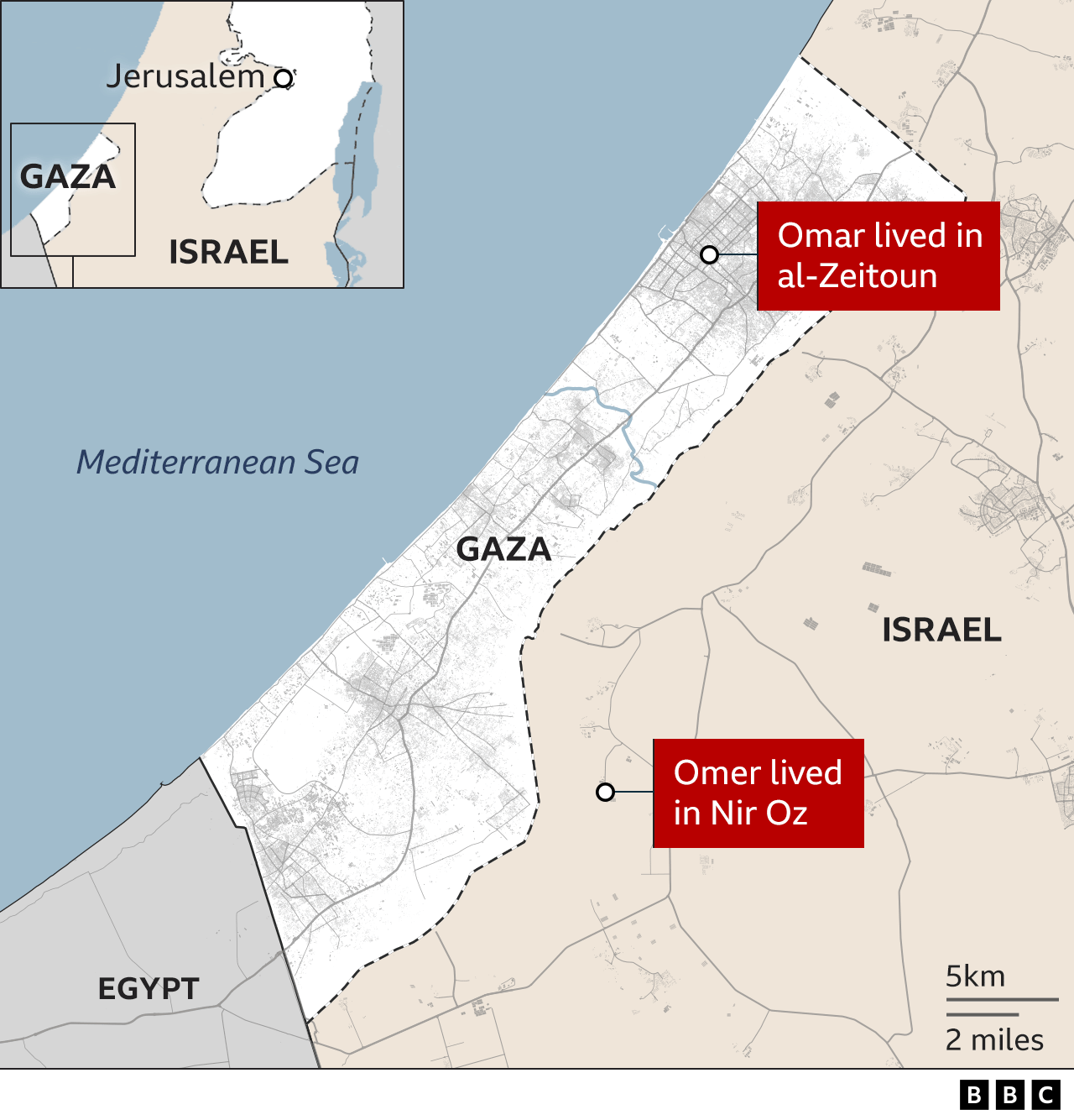 Map of Gaza and Israel, showing the locations where Omer and Omar died