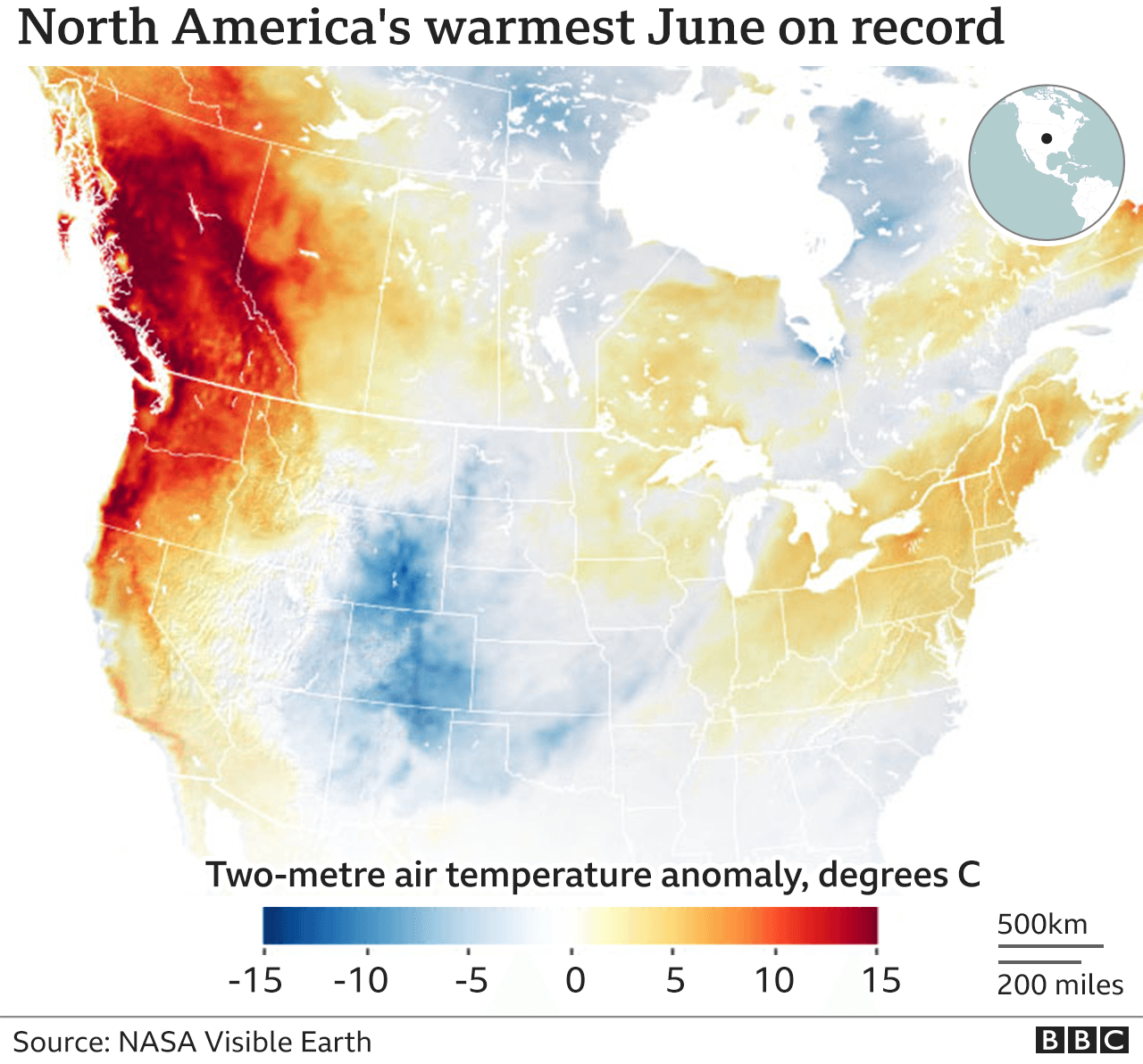 Temperature anomaly data for North America in June 2021