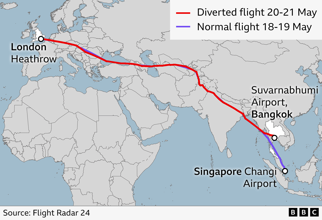 Map showing flight's intended route and the diversion it took