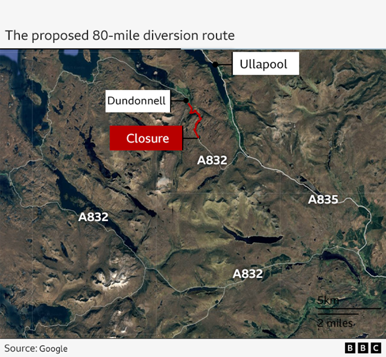 A satellite view of the north west highland which shows where Dundonnell is, where the road will be closed and the route of the A832 where drivers will have to divert to in order to rejoin the A835.