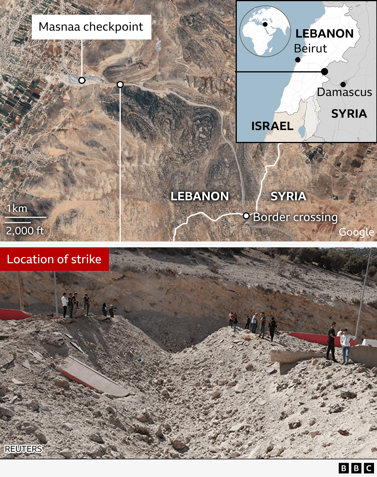 A composite image of a map at the top showing where in Lebanon the Masnaa checkpoint is and a picture showing the location of the strike, with people gathered nearby.