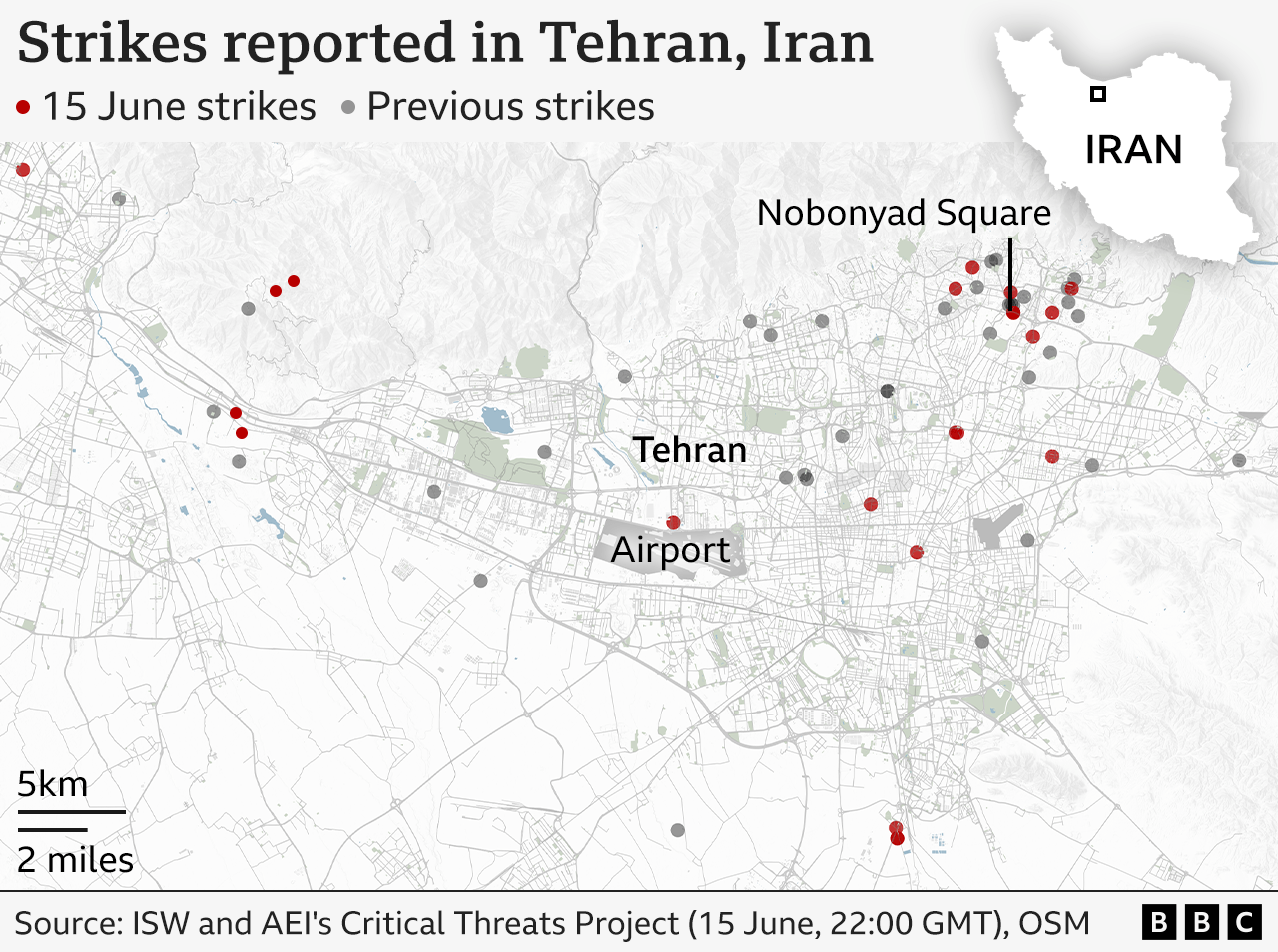 A graphic showing Israeli attack locations in Tehran on June 15