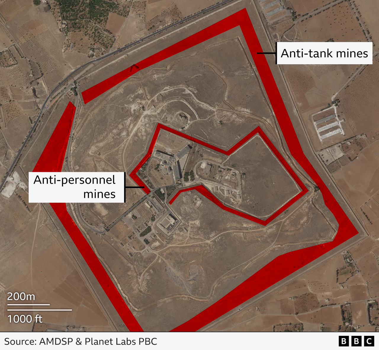 A BBC graphic showing the location of mines around the prison