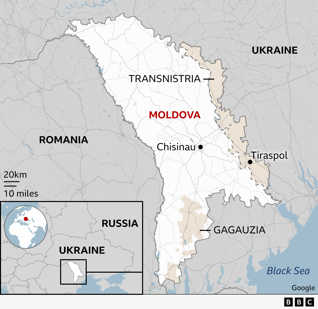 Map showing Moldova, Transnistria, Ukraine and Romania