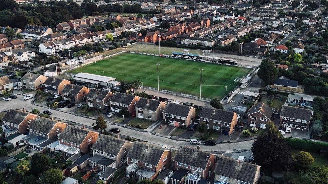 An aerial view of Deal Town Football Club stadium.