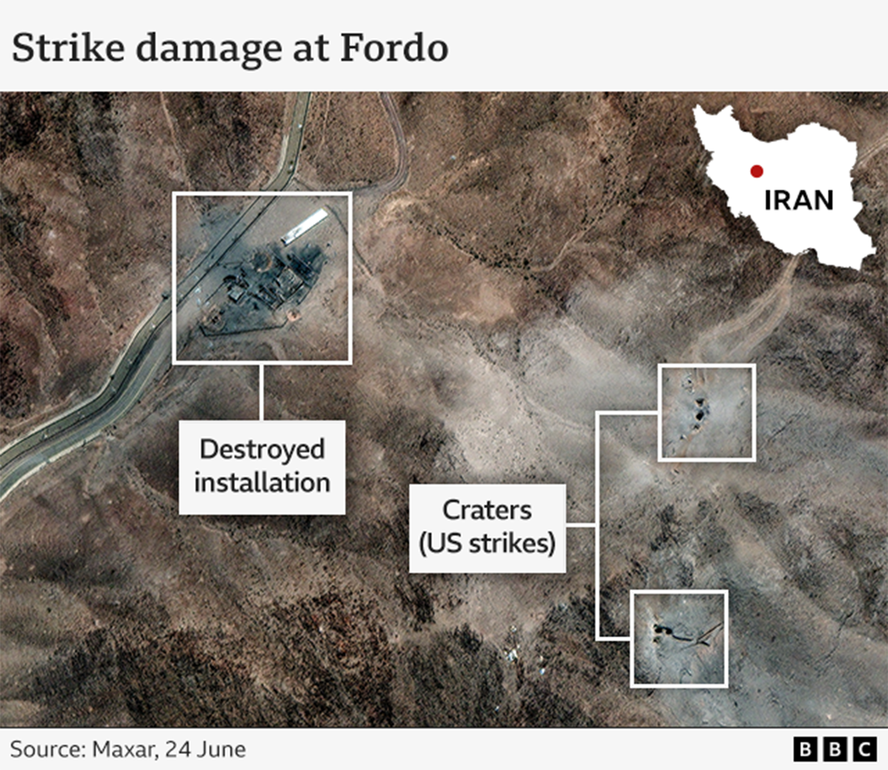 Maxar satellite image showing damage to Fordo nuclear facility showing craters and a destroyed building