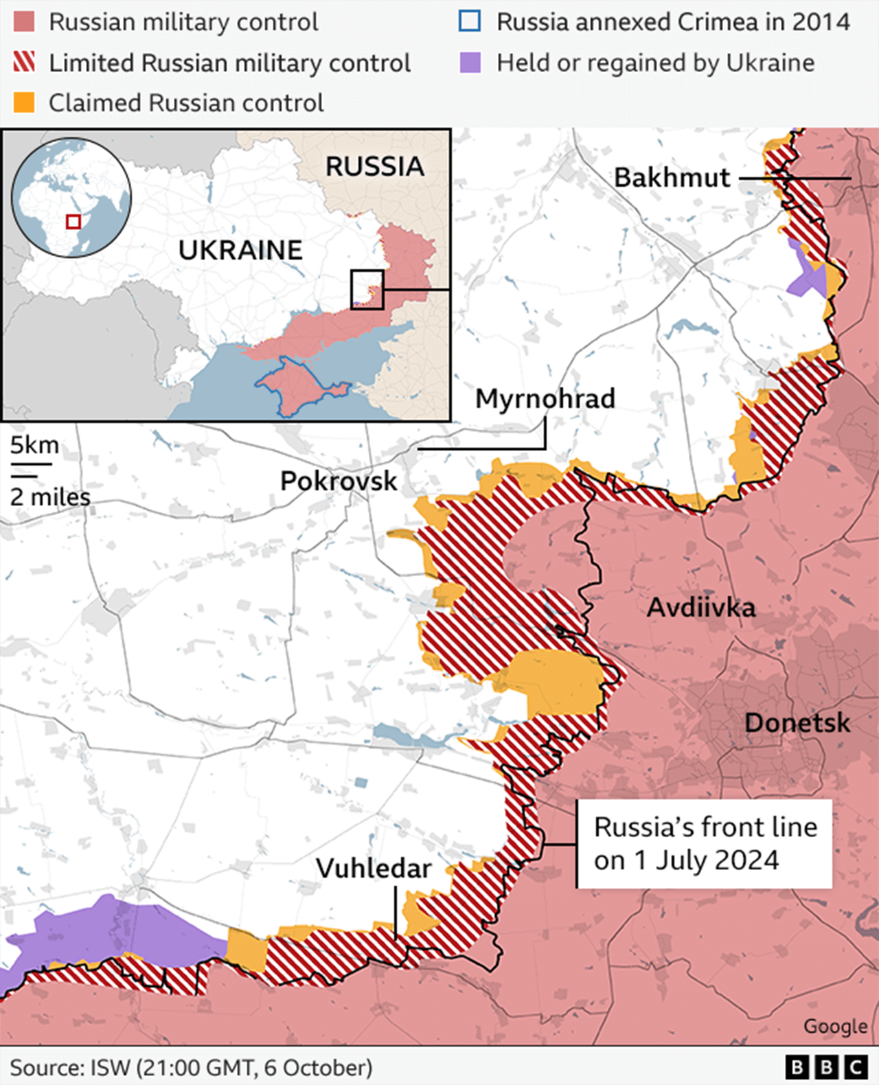 Map showing the Ukrainian-Russian front line in the Donetsk region, as of 21:00 GMT on 6 October - source ISW. There is a line showing the front line as it stood on 1 July. The maps shows the Russians have made significant gains - tens of kilometres in places - towards the city of Pokrovsk in particular. 