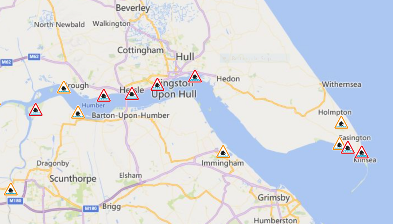 Map of flood warnings on the Humber 