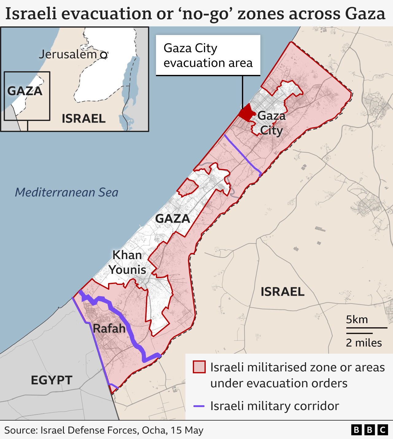 Map of Gaza showing Israeli evacuation and "no-go" zones (15 May 2025)
