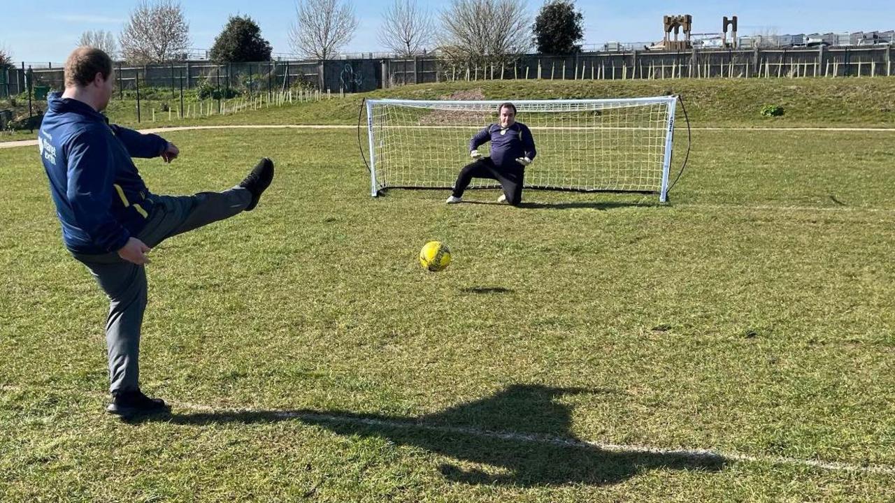 Pan disability footballers from Thanet Galaxy, Graham Yeomans and David Benson, in goal, take penalties at The Hive in Ramsgate