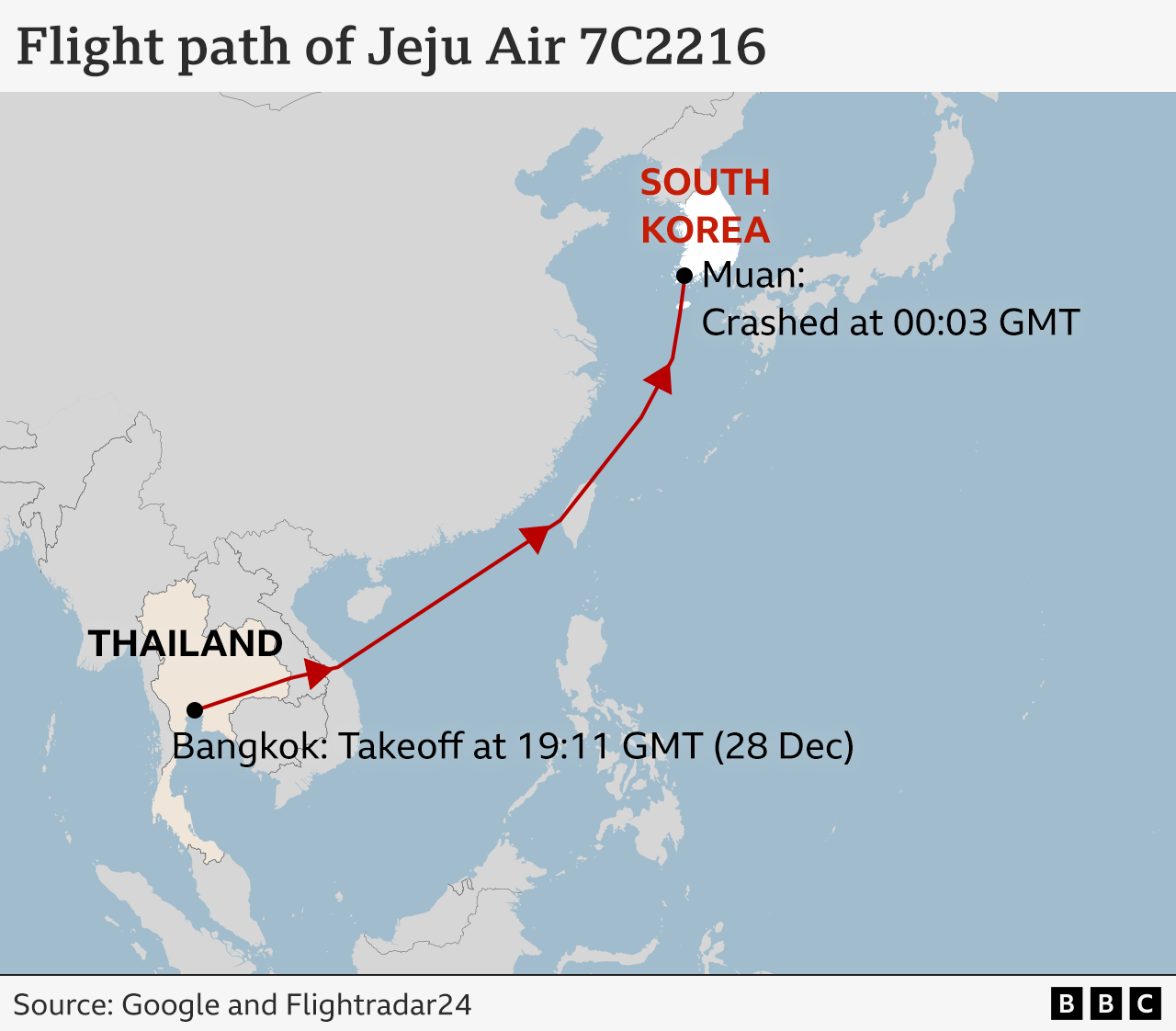 A BBC map showing the flight's path from Bangkok to Muan