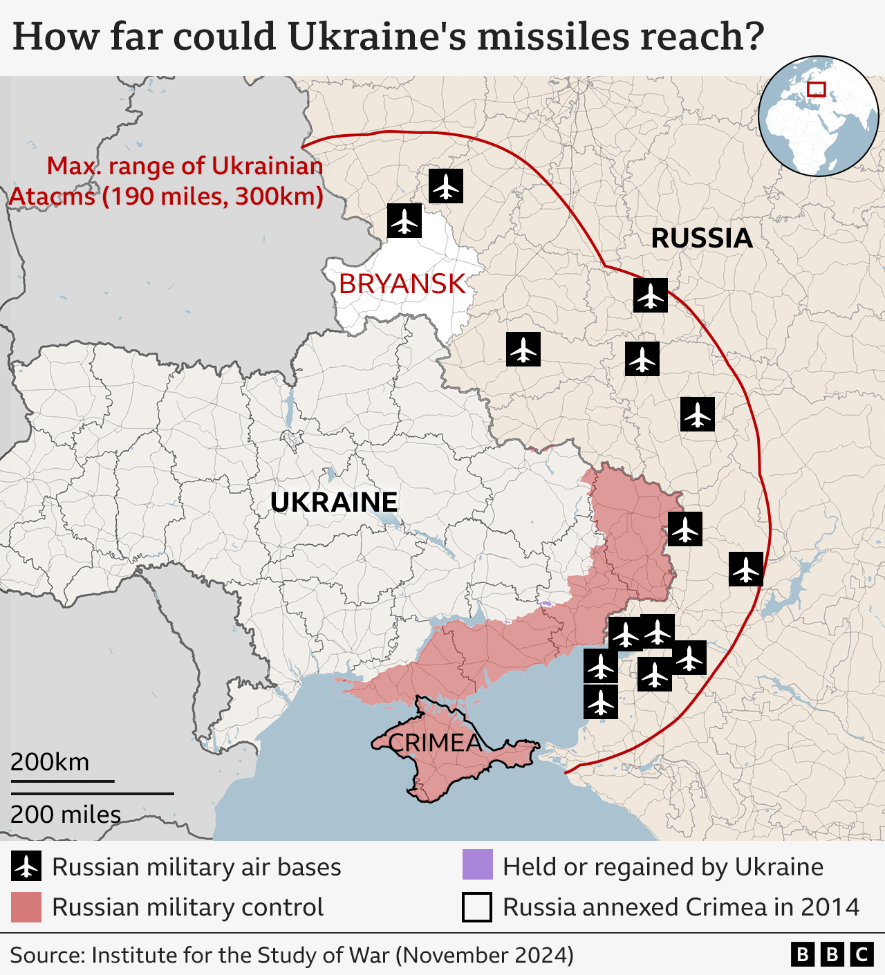 A map showing the location of the Bryansk region of Russia, which lies on the northern border of Ukraine and also shares a border with Belarus. The entire region is shown as being within the range of Ukraine’s Aatcms missiles.