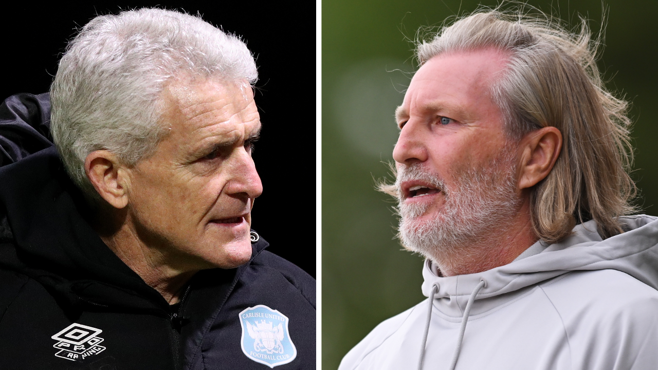 Head and shoulder images of Mark Hughes (left) and Robbie Savage (right)