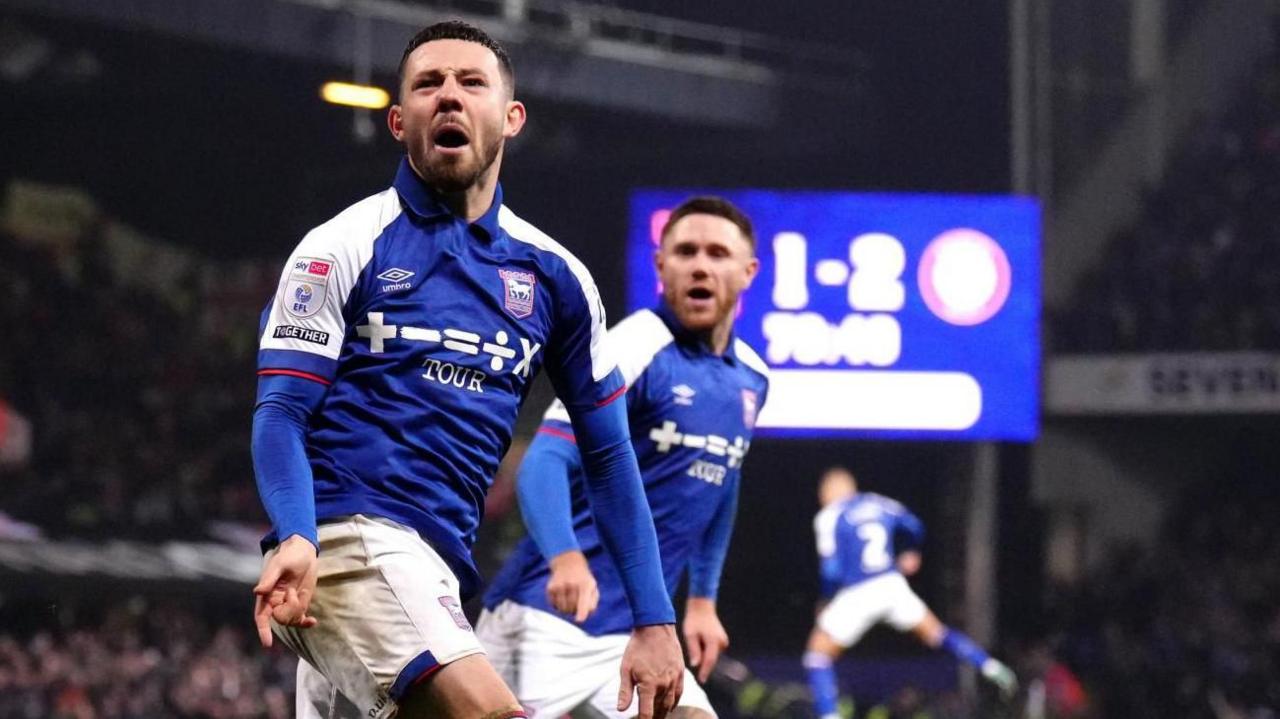 Conor Chaplin celebrates scoring a goal for Ipswich Town at Portman Road