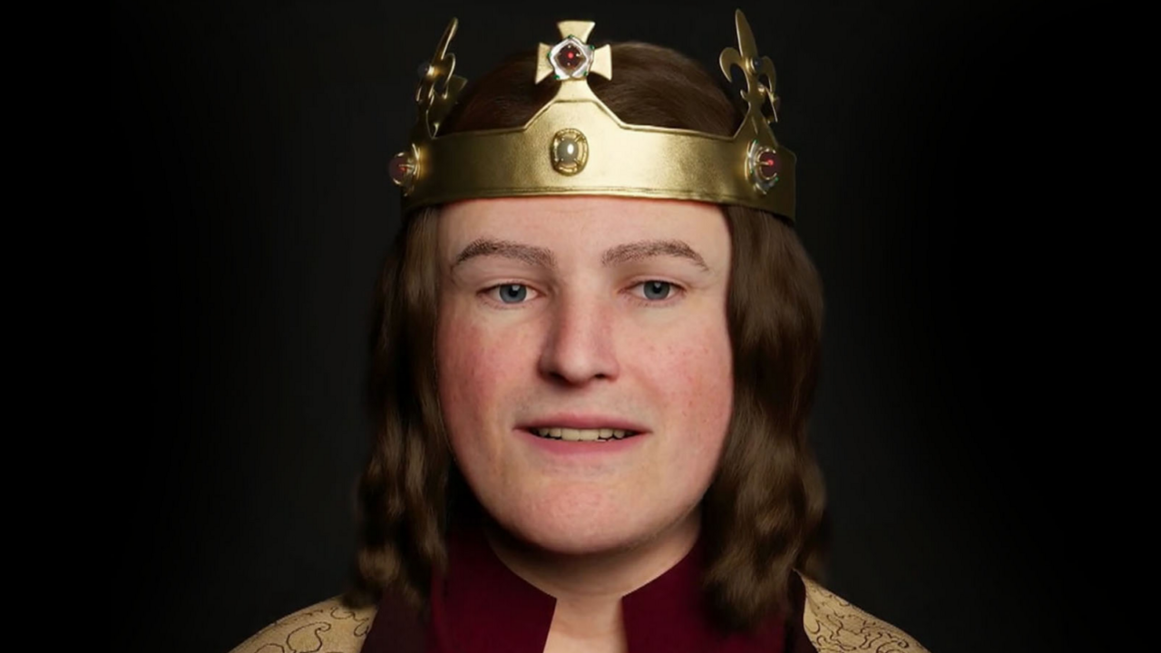 A CGI image of King Richard II wearing a gold crown