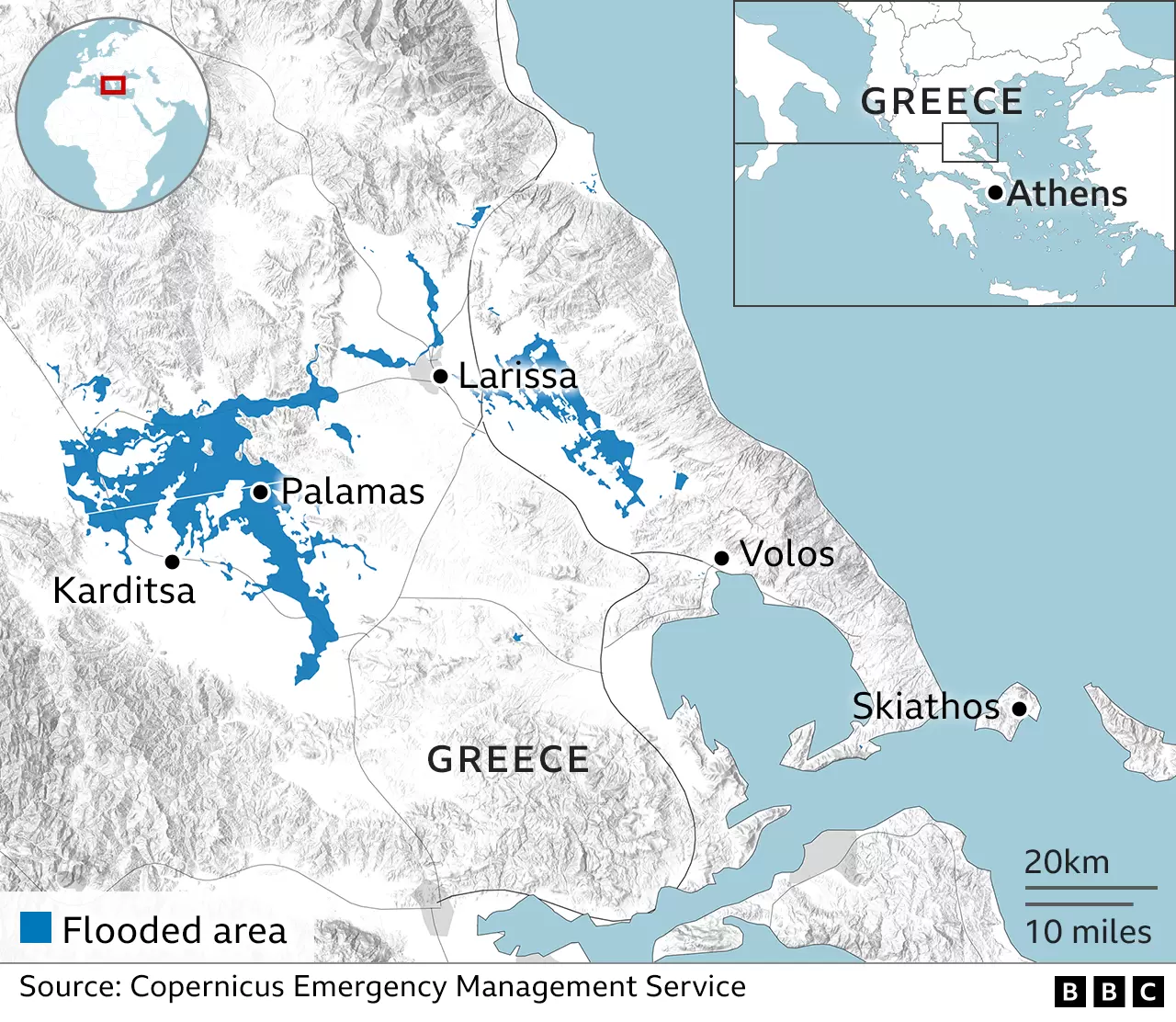 Map showing large flooded regions of central Greece