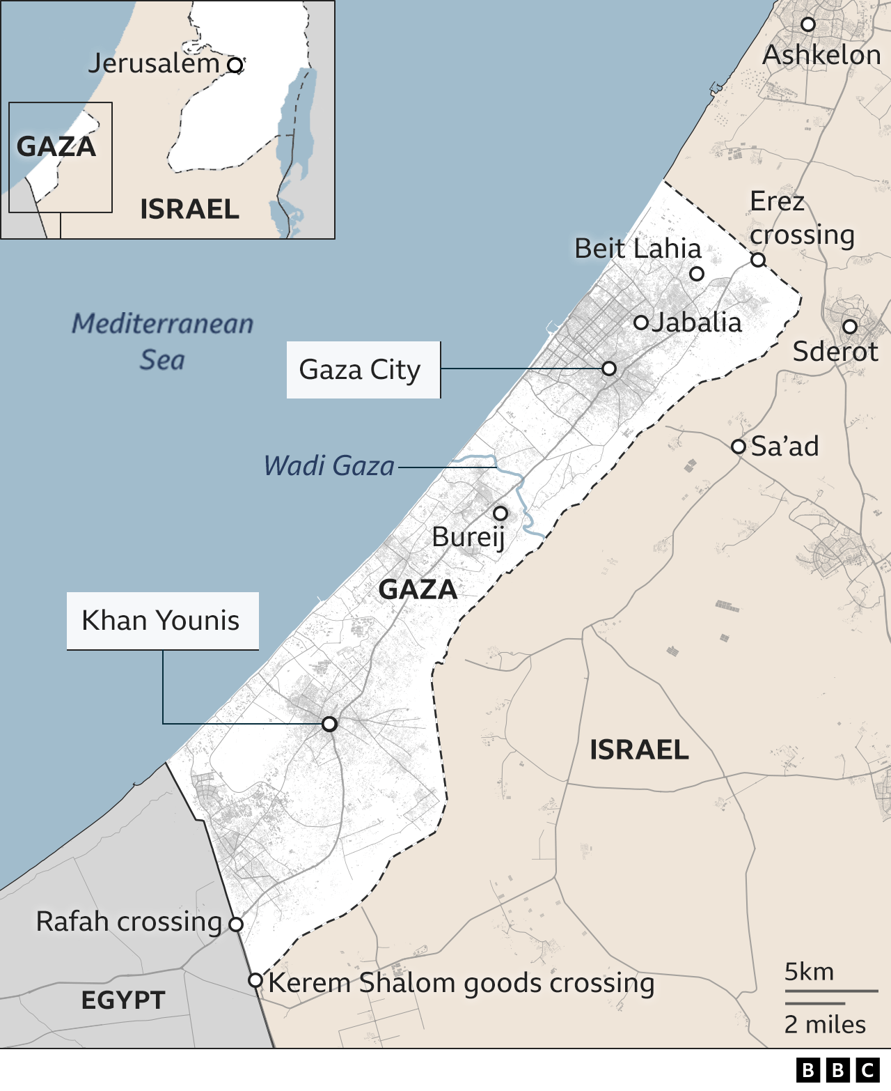 A map showing the Gaza Strip, with Beit Lahia marked in the very far north of the Strip.