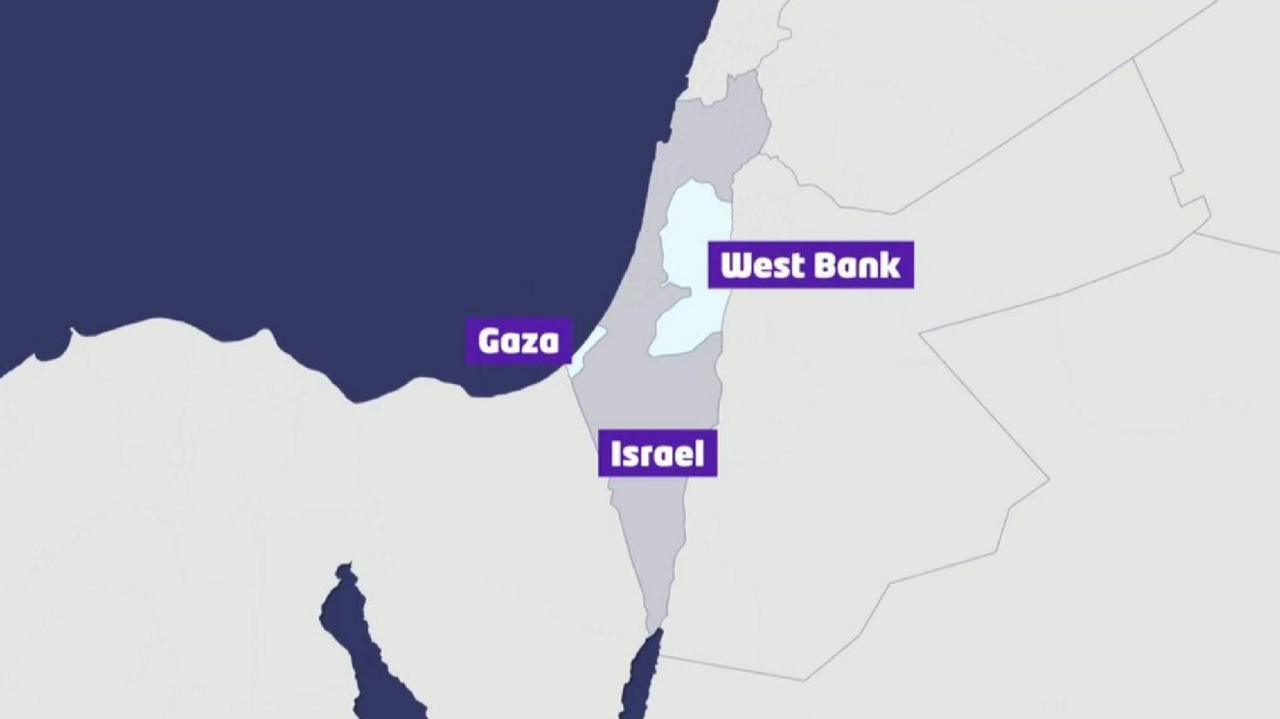 Map showing Israel, Gaza and the West Bank.