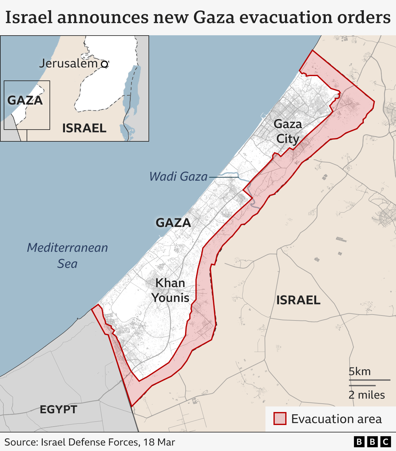 Map showing Israel's new evacuation orders in Gaza on 18 March