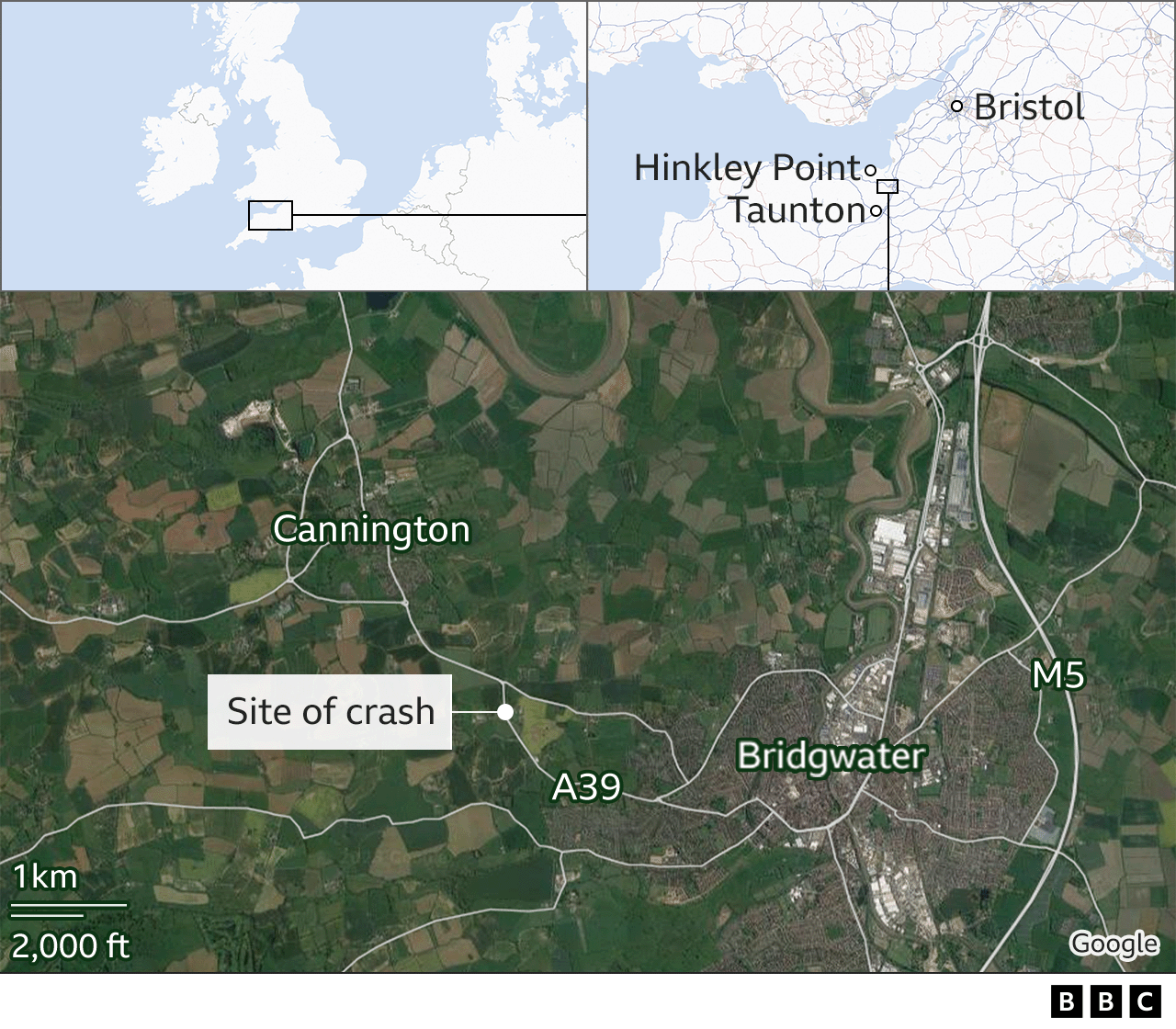 Map showing the location of the bus crash, between Cannington and Bridgwater on the A39