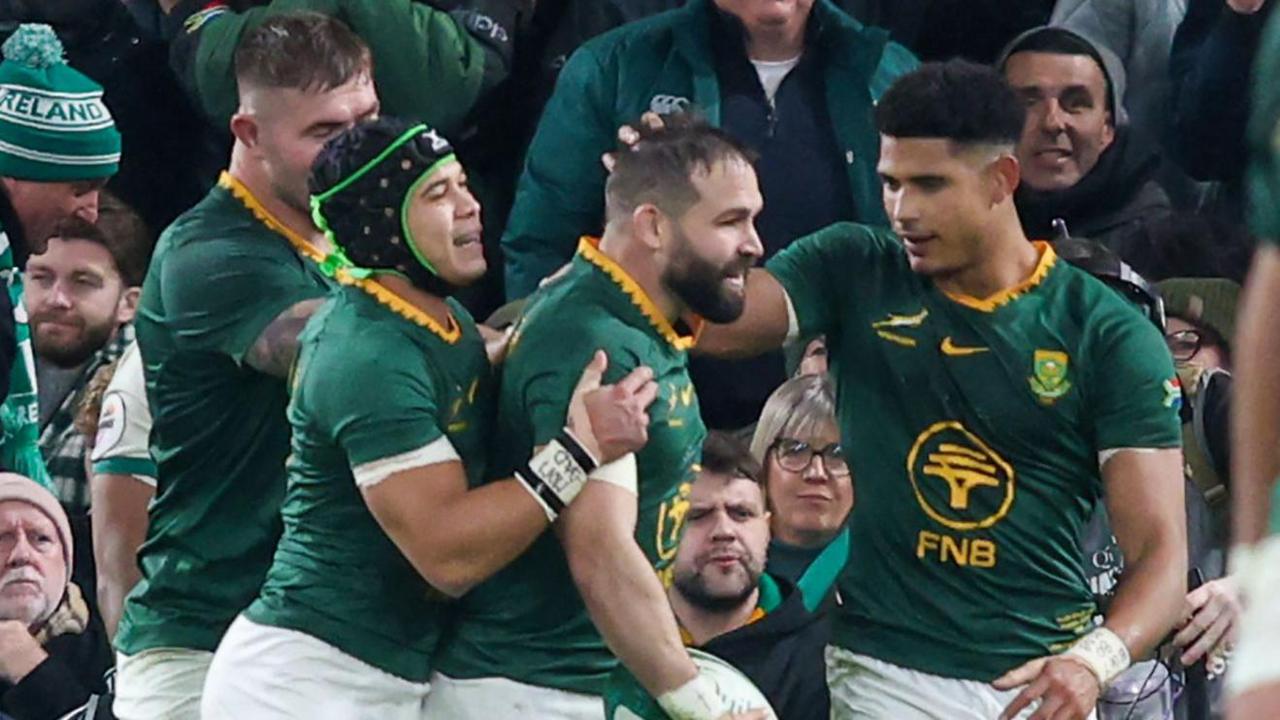 South Africa celebrate a try in their win against Ireland in Dublin