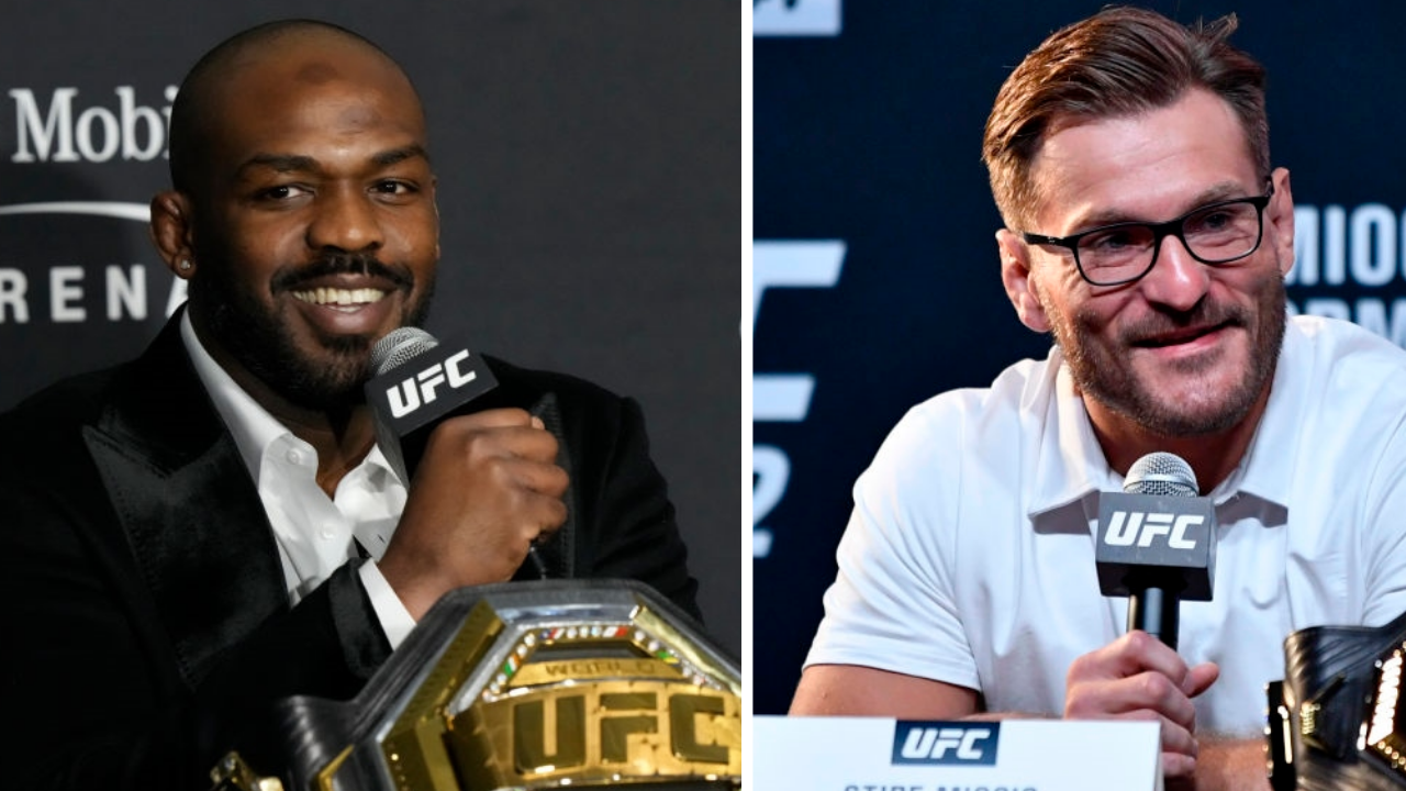 Split image of Jon Jones at a news conference with his UFC title and Stipe Miocic also a news conference