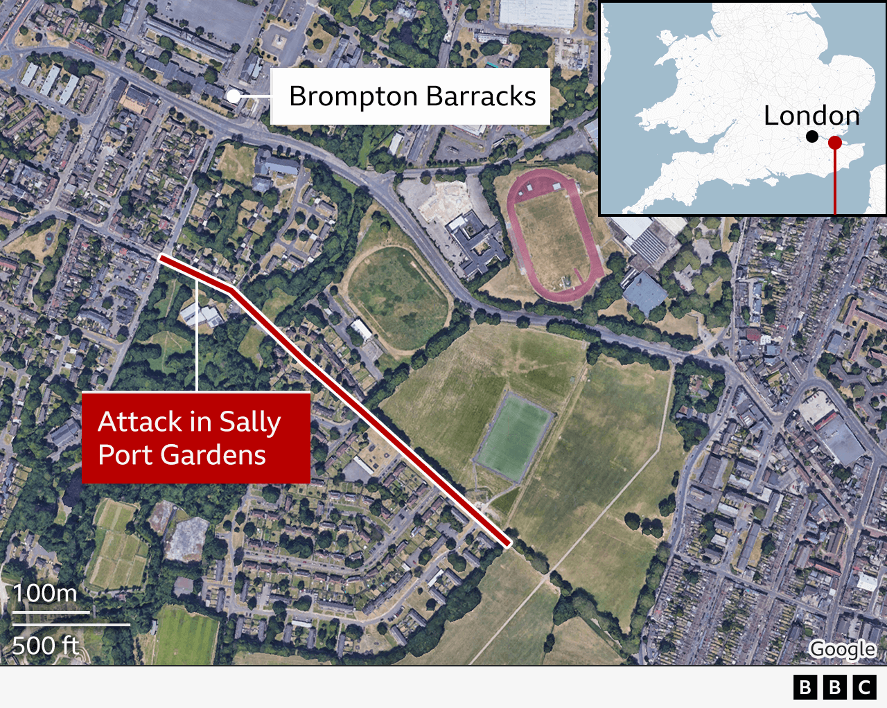 A map showing where the attack happened in Sally Port Garden and its proximity to the Brompton army Barracls 