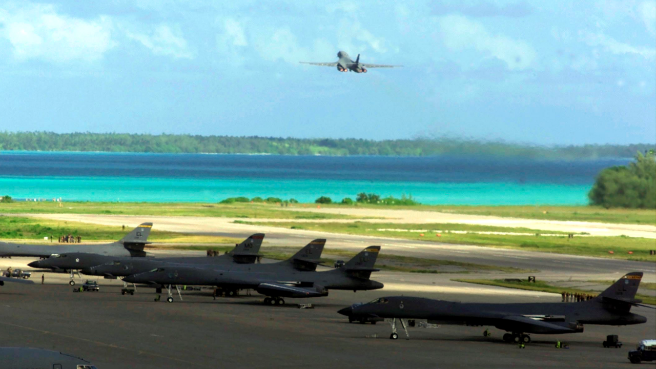 A plane taking off from the air base on Diego Garcia