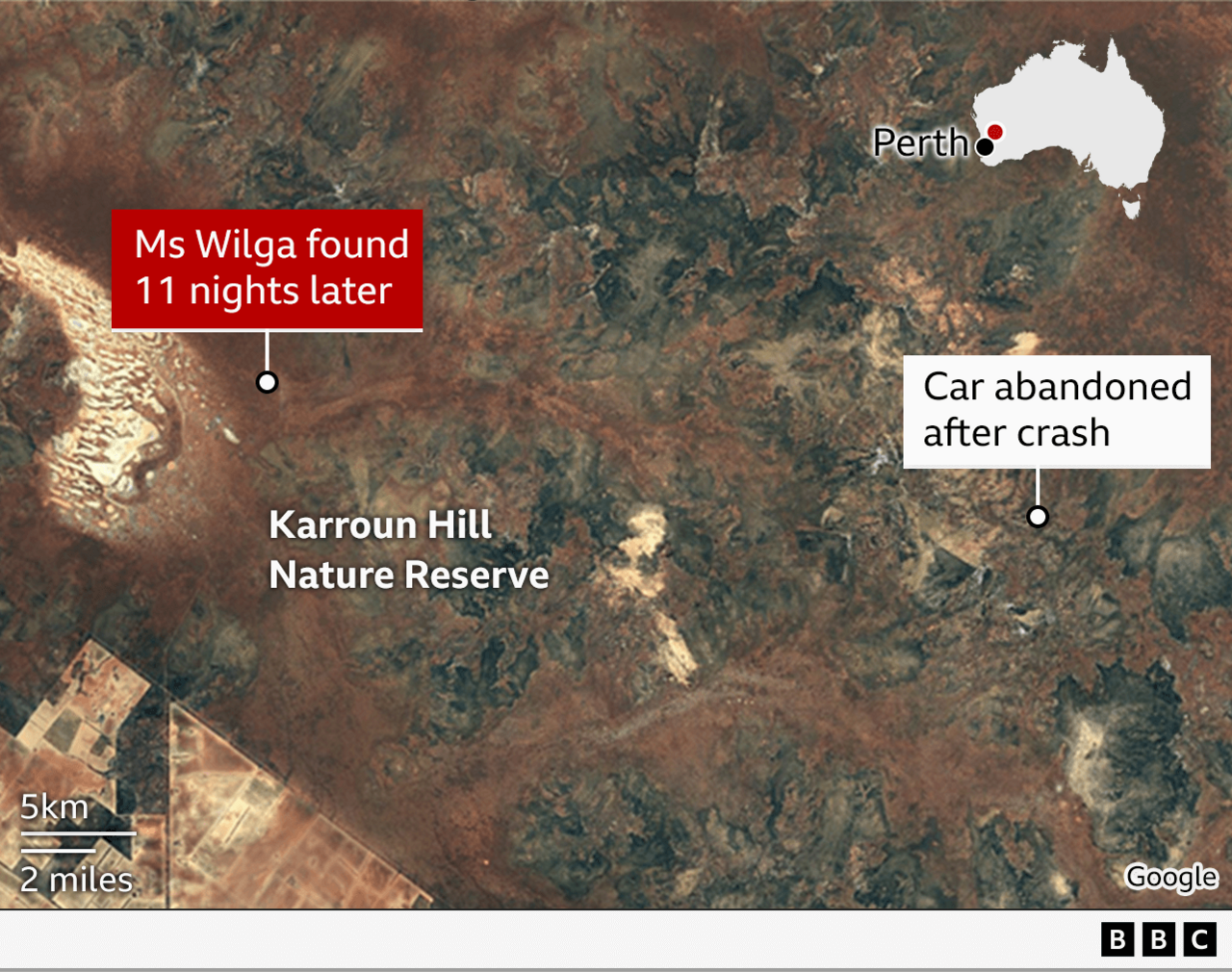 Map showing the distance between where Carolina Wilga's vehicle was found after the crash and where she was spotted. Also on the map is Perth in the top right hand corner and Karroun Hill Nature Reserve pinpointed towards the bottom left.