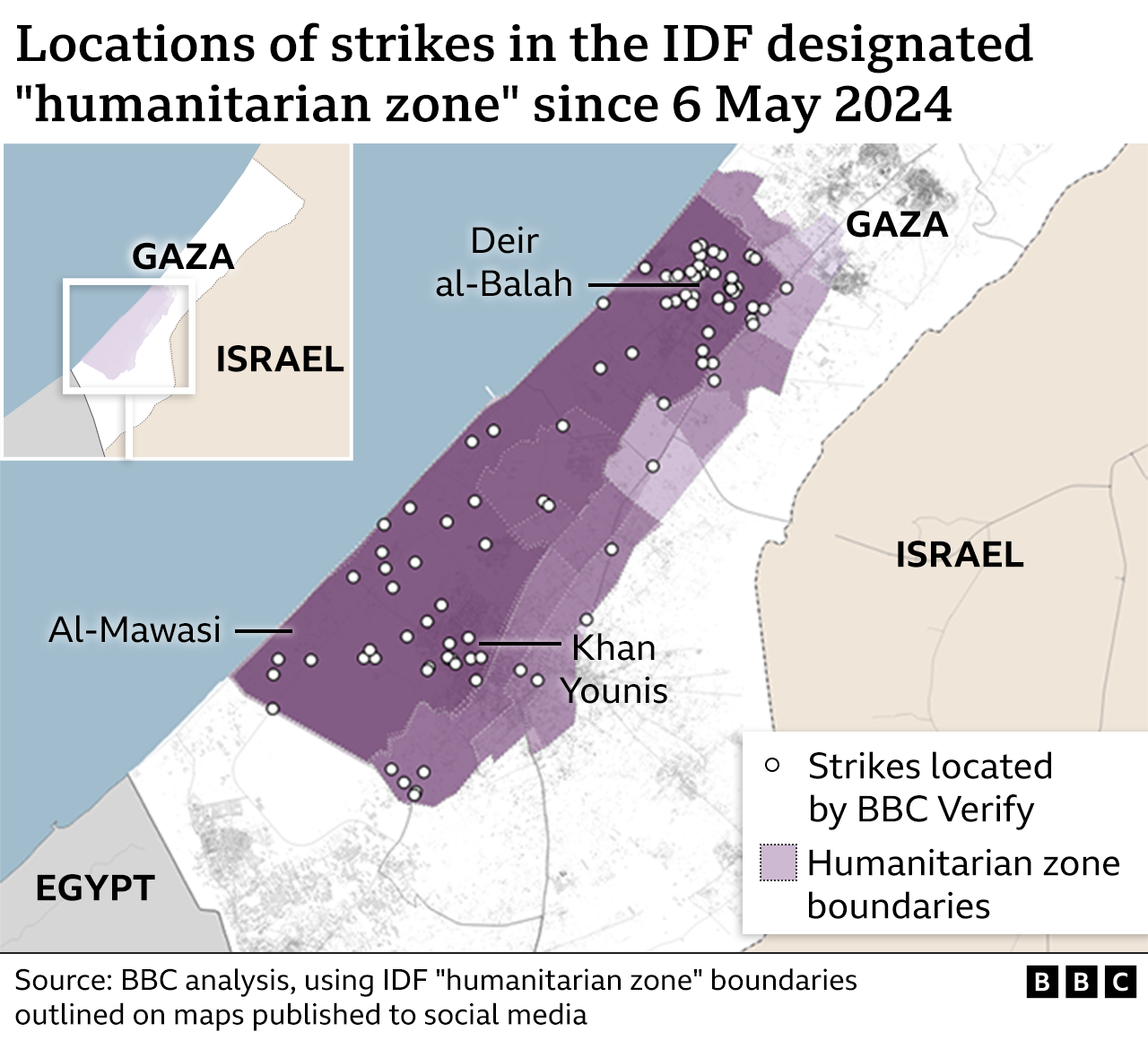 Locations of strikes in the IDF designated "humanitarian zone" since 6 May 2024, according to BBC analysis.