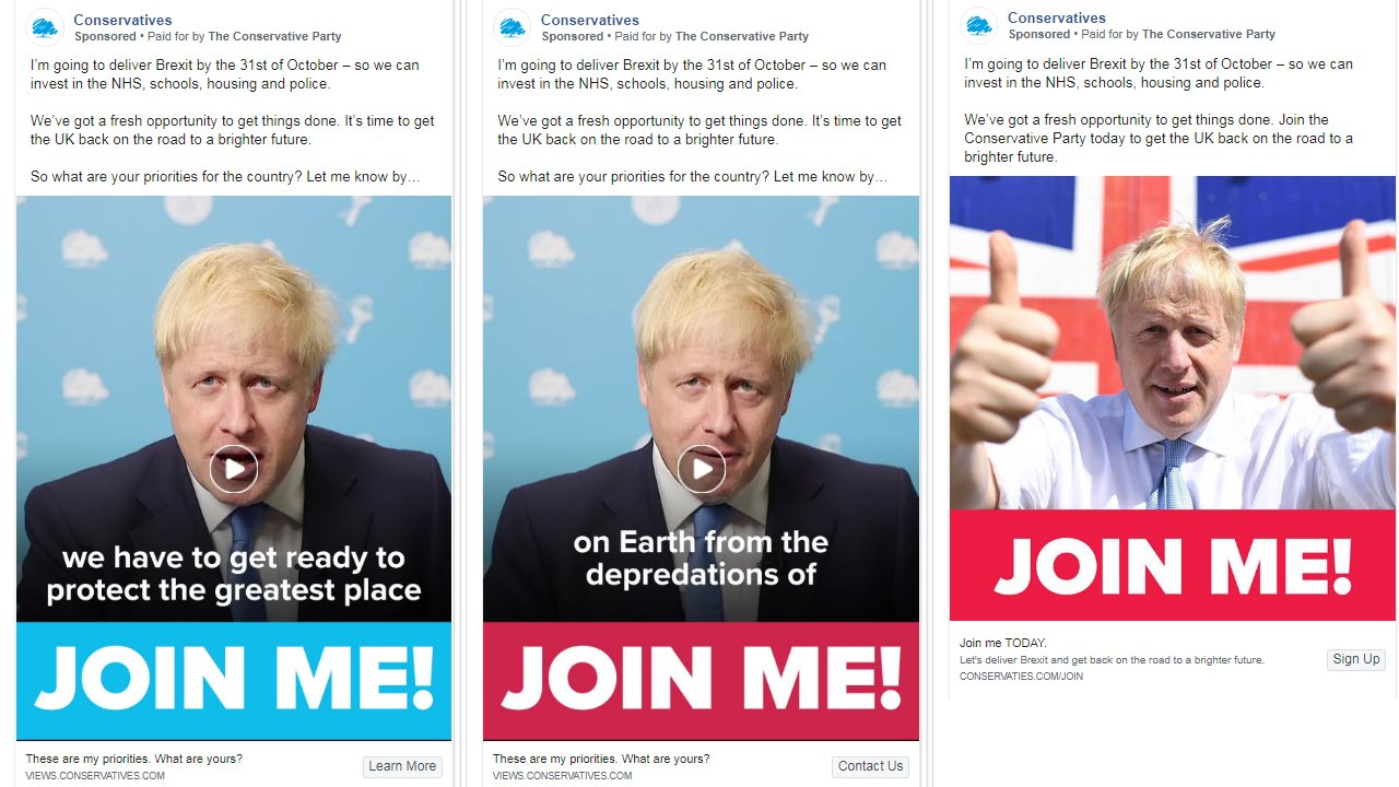 A variety of Boris Johnson ads