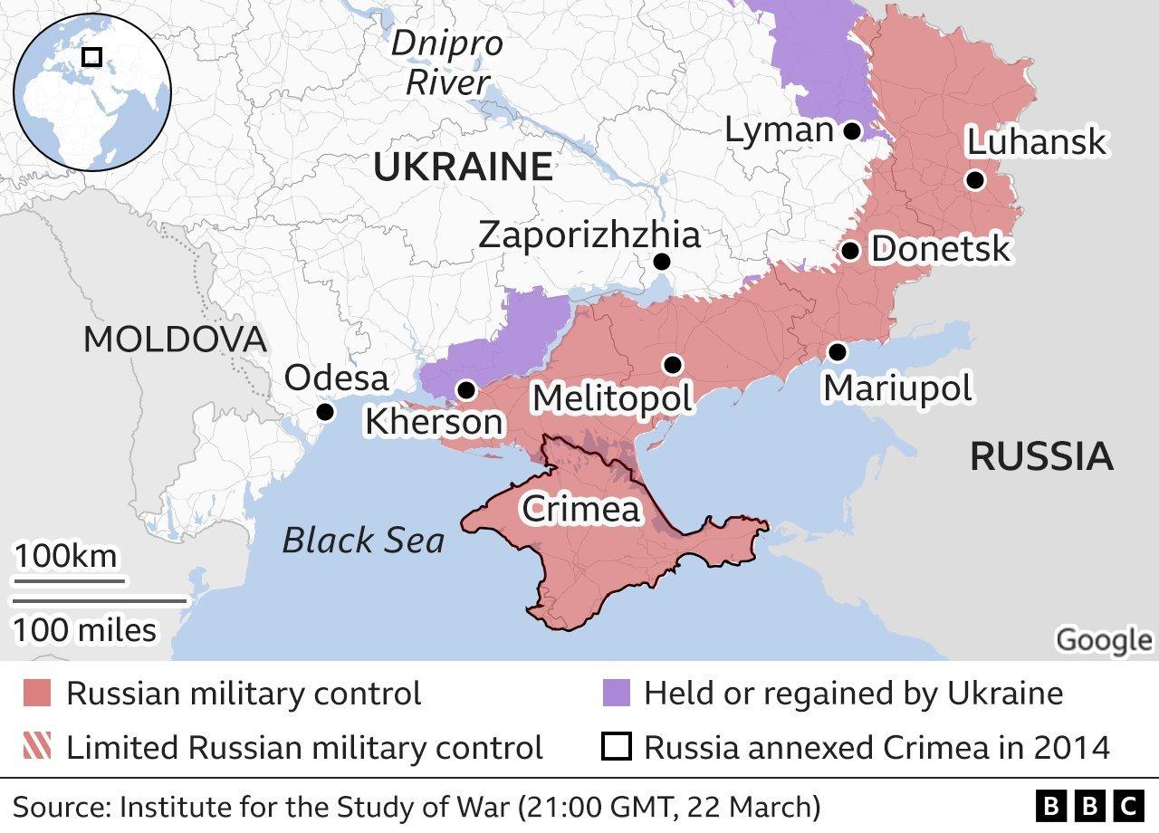 The frontlines in southern Ukraine, as they were last month