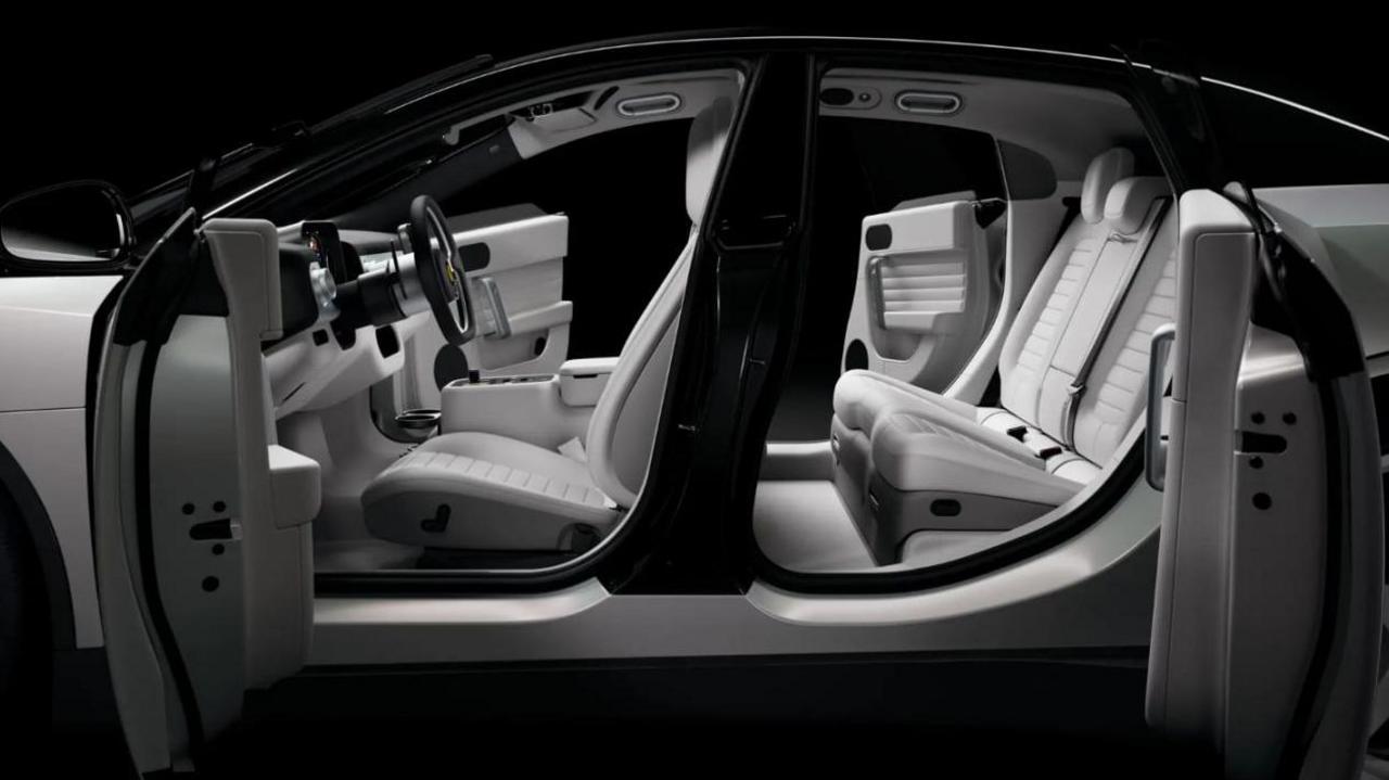 An interior view of the Luce, with its all-white leather seats