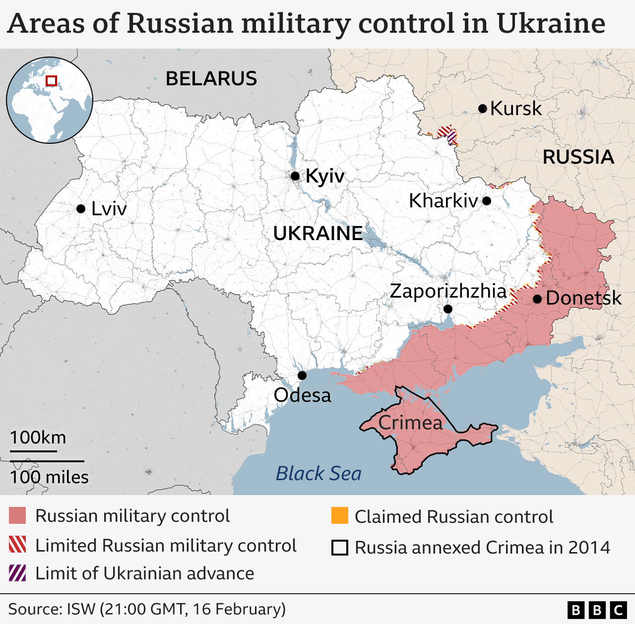 Map shows areas of Russian military control in Ukraine highlighted in red.