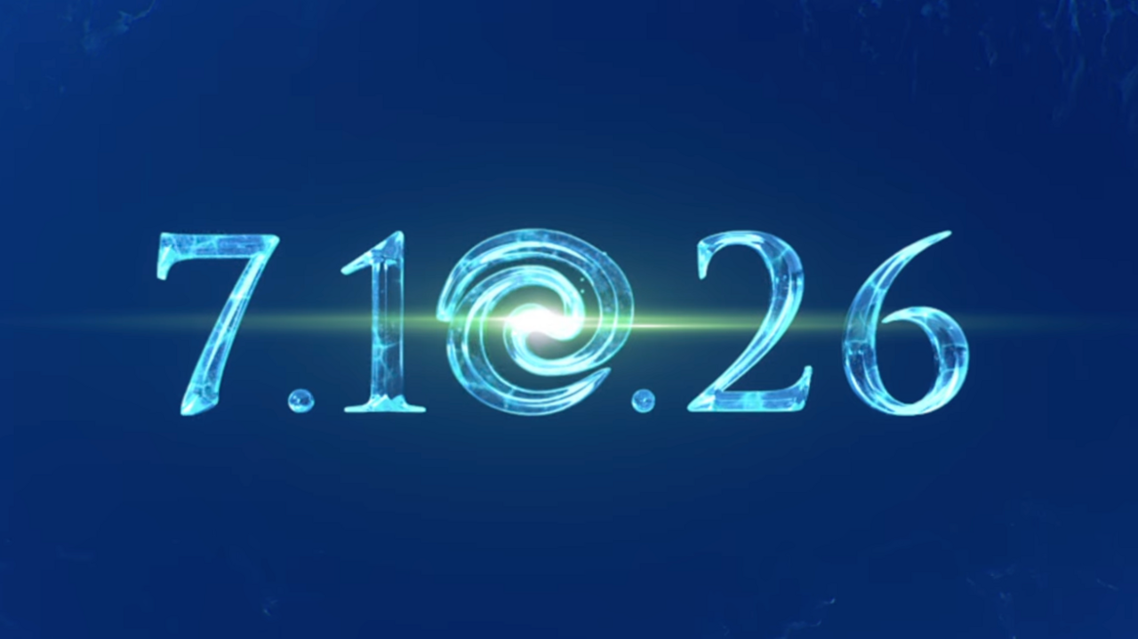 Screengrab from the trailer showing the text '7.10.26' in blue writing with an ocean motif 