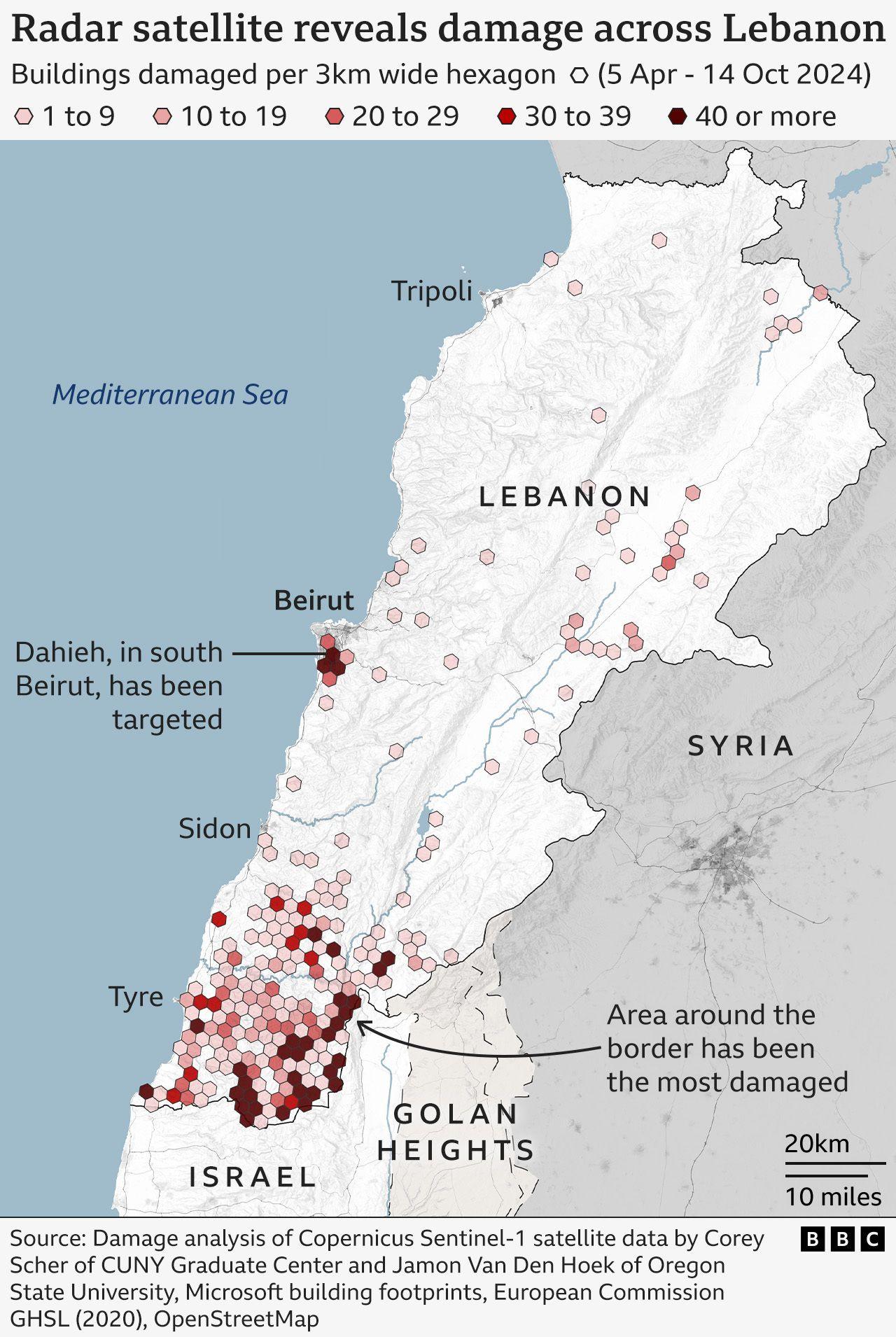 Map of Lebanon showing areas where buildings have been damaged in the conflict since 5 April 2024. Lebanon is a long country with Syria to the east and the Mediterranean to the west. The damage areas are shown as small hexagons. Most damage has been on the southern border with Israel and in Beirut which is on the coast about half way up the map. 