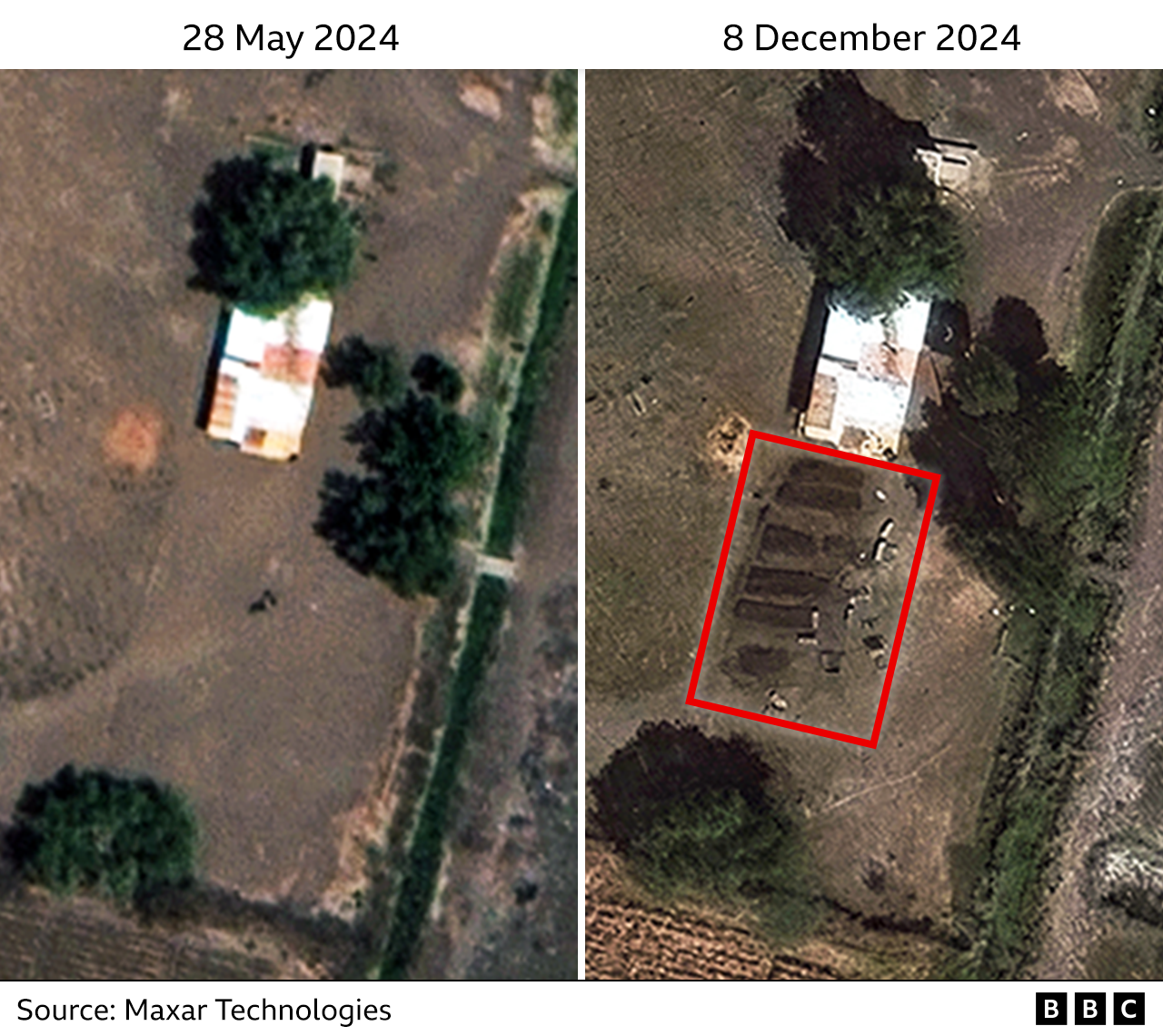 Before and after satellite images showing new mounds of earth at the cemetery in al-Seriha