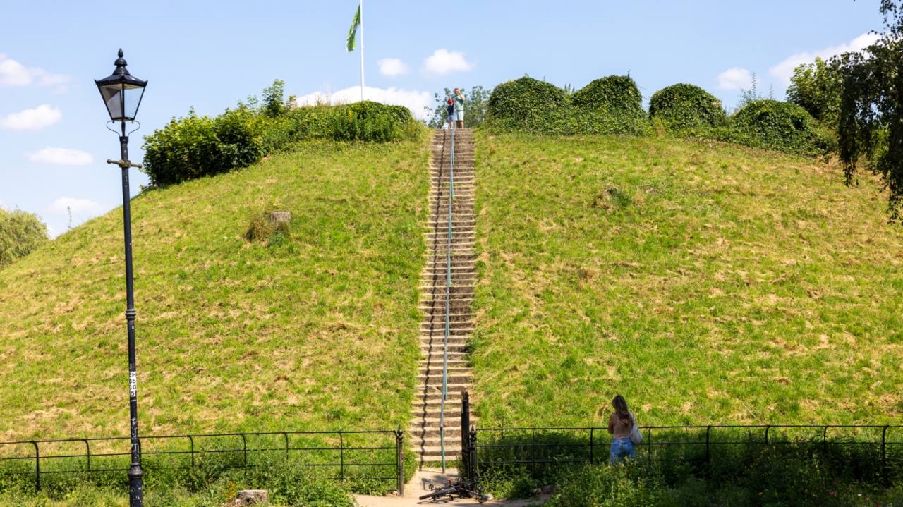 Stone steps up a grass hill leading to a mound with trees and bushes