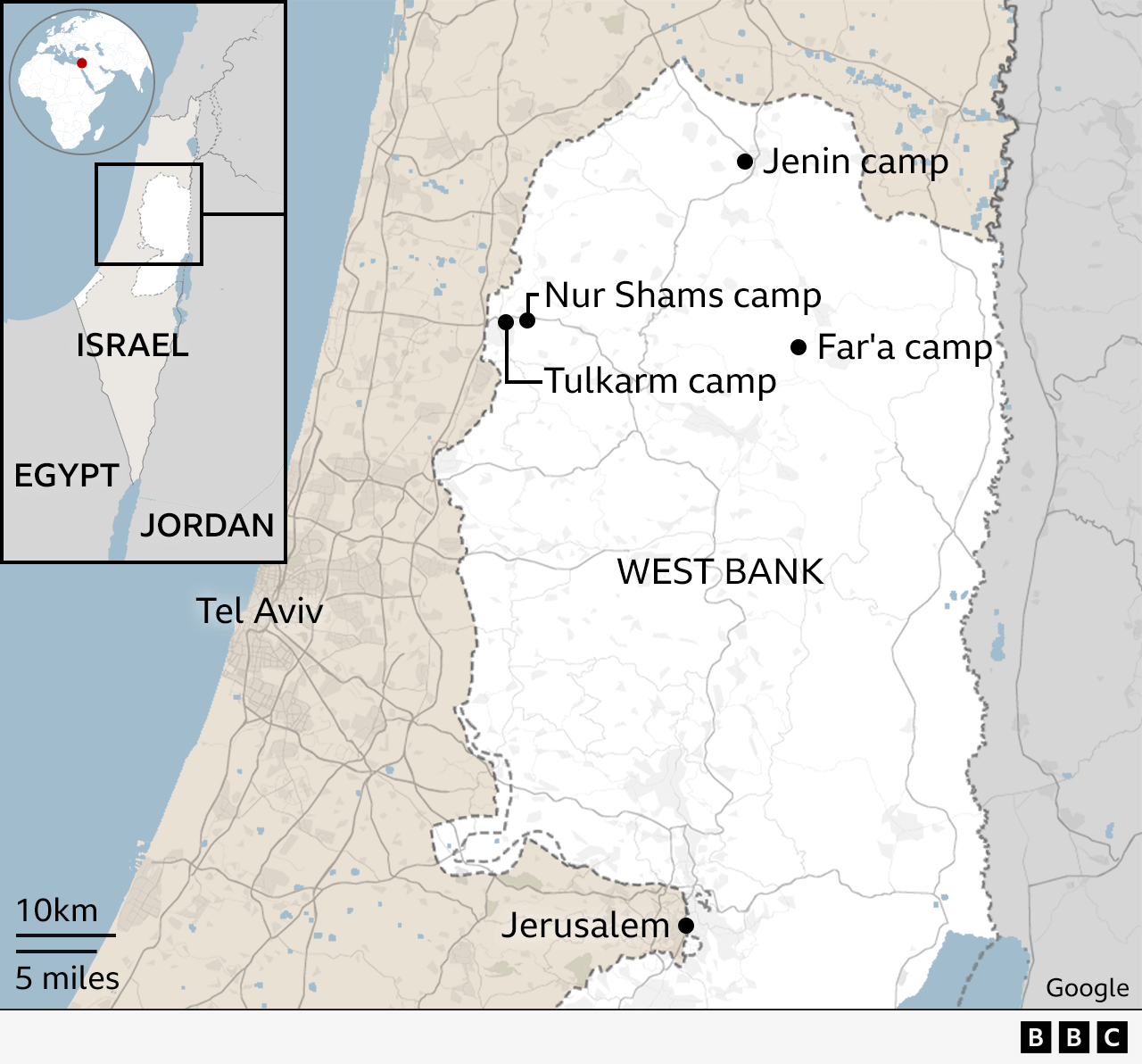 Map shows location of Jenin, Nur Shams, Tulkarm and Far'a camps in the north of the West Bank