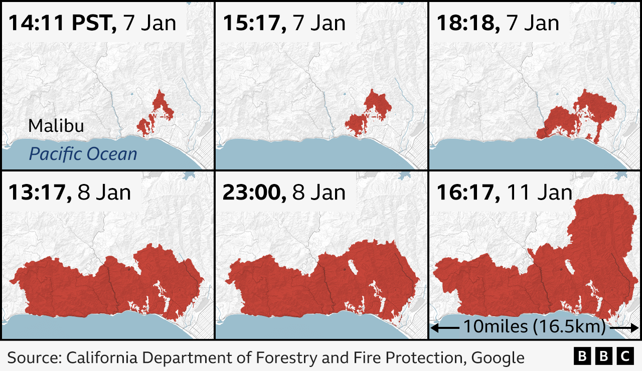 Map showing six stages of the development of the Palisades fire, in California, spanning from 14:11 local time on the 7th of January, to 16:17 on the 11 January.