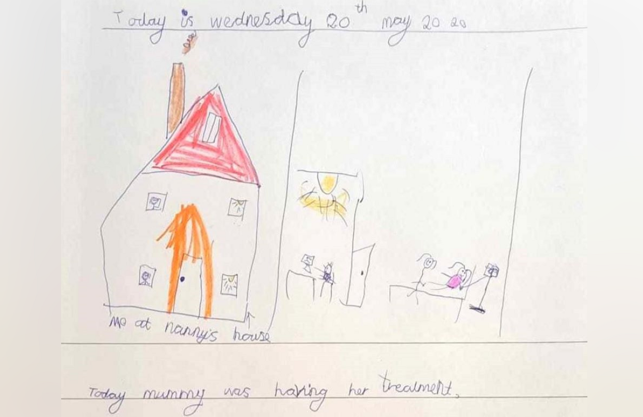 An extract from a child's diary from May 2020, showing a drawing of a house and a woman getting medical treatment