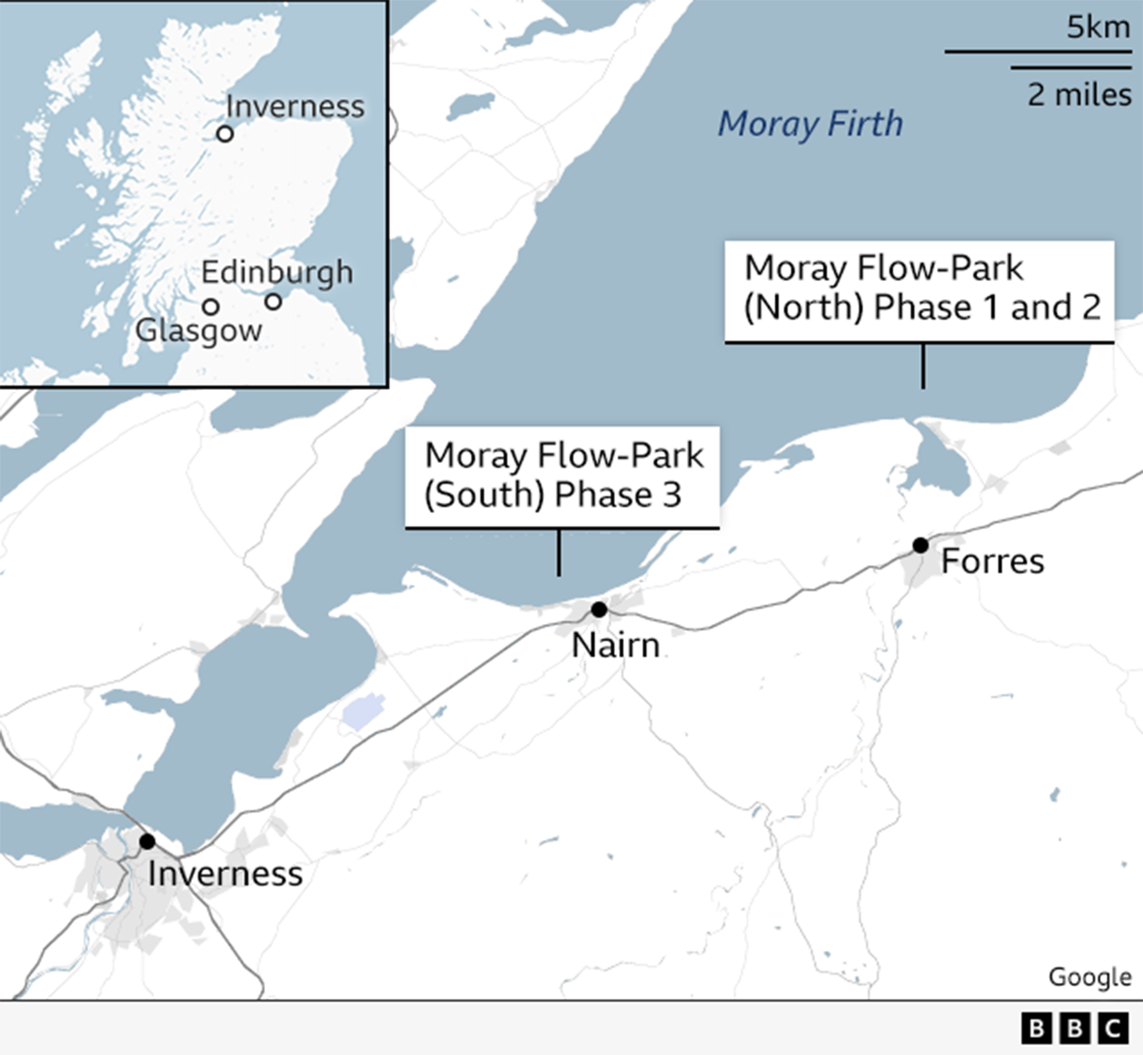 A map showing Scotland the locations of Inverness, Edinburgh and Glasgow and a close up of the Inner Moray Firth show Inverness, Nairn and Forres and the locations of Moray Flow-Park South and Moray Flow-Park North.
