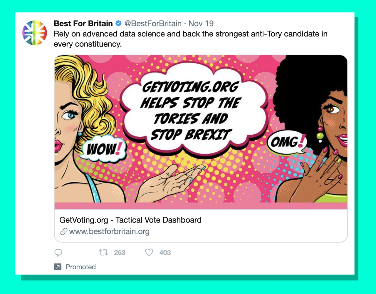 Best For Britain ad showing two pop-art cartoon women. The text says "stop the Tories and stop Brexit".