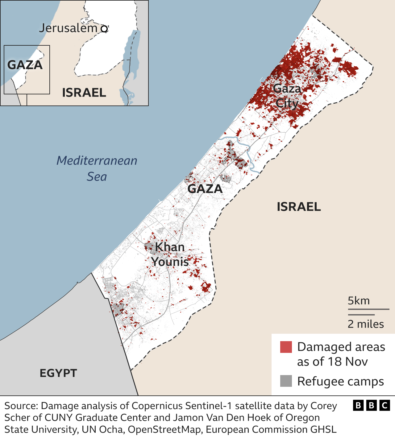 Map showing damaged areas in the Gaza Strip (18 November 2023)