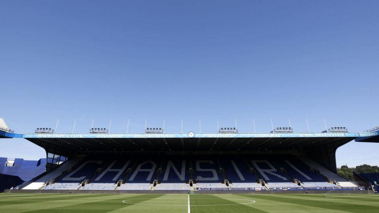 A view of an empty pitch and stand at Hillsborough stadium