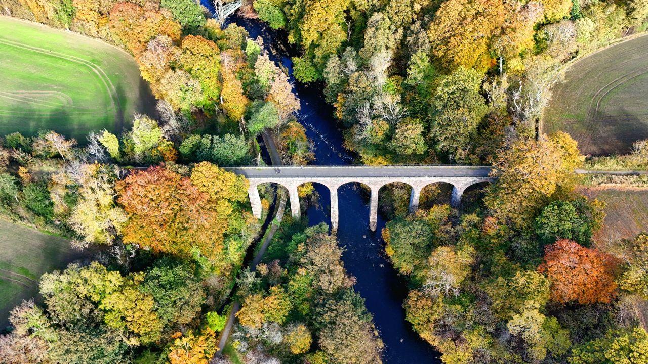 An aerial view of a viaduct surrounded by trees with autumn colours
