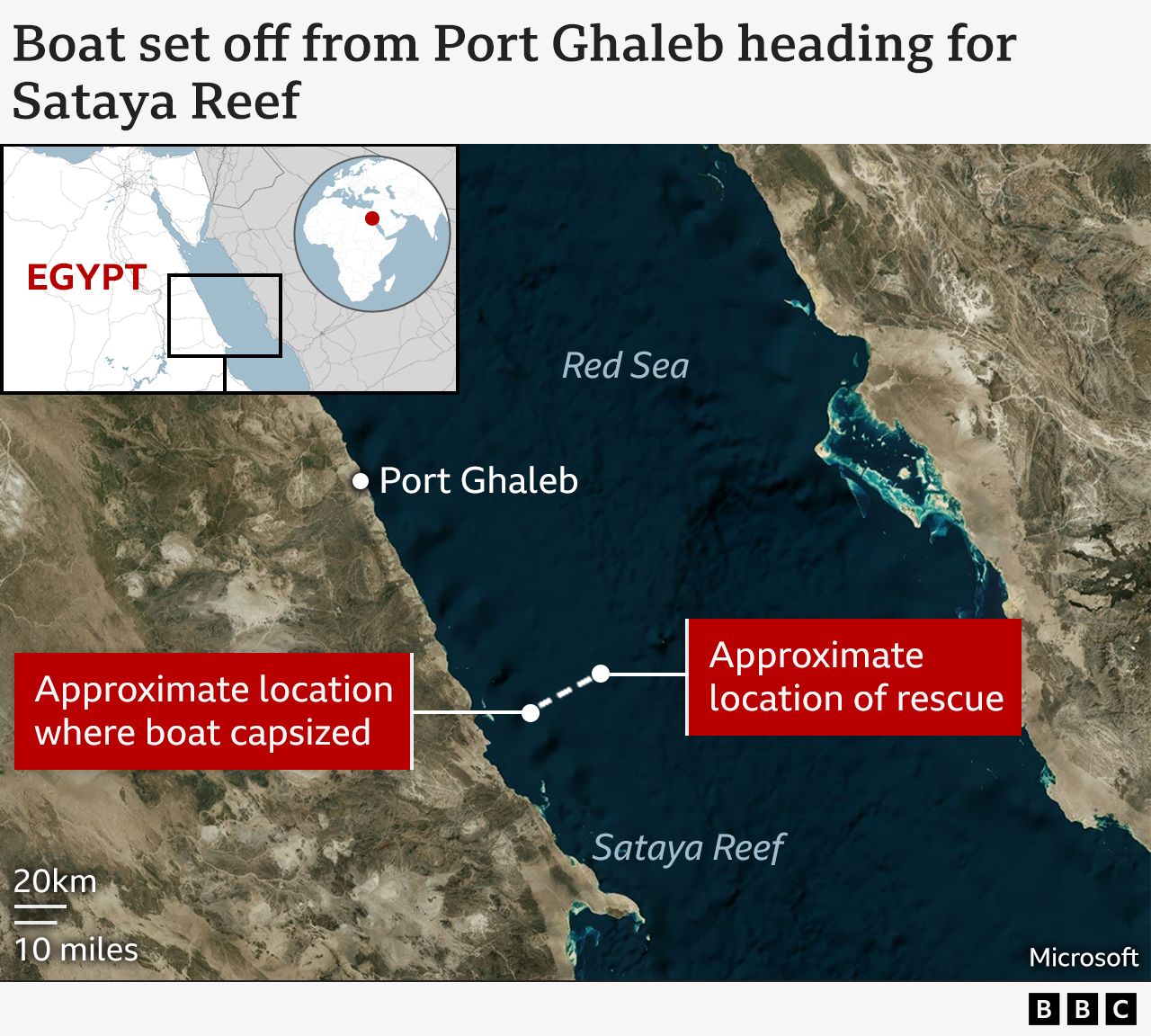 A map showing the approximate location of the Sea Story's capsize and passengers' rescue. The boat capsized to the south of Port Ghaleb - just over half way to Sataya Reef. It then drifted, with life rafts, eastwards.